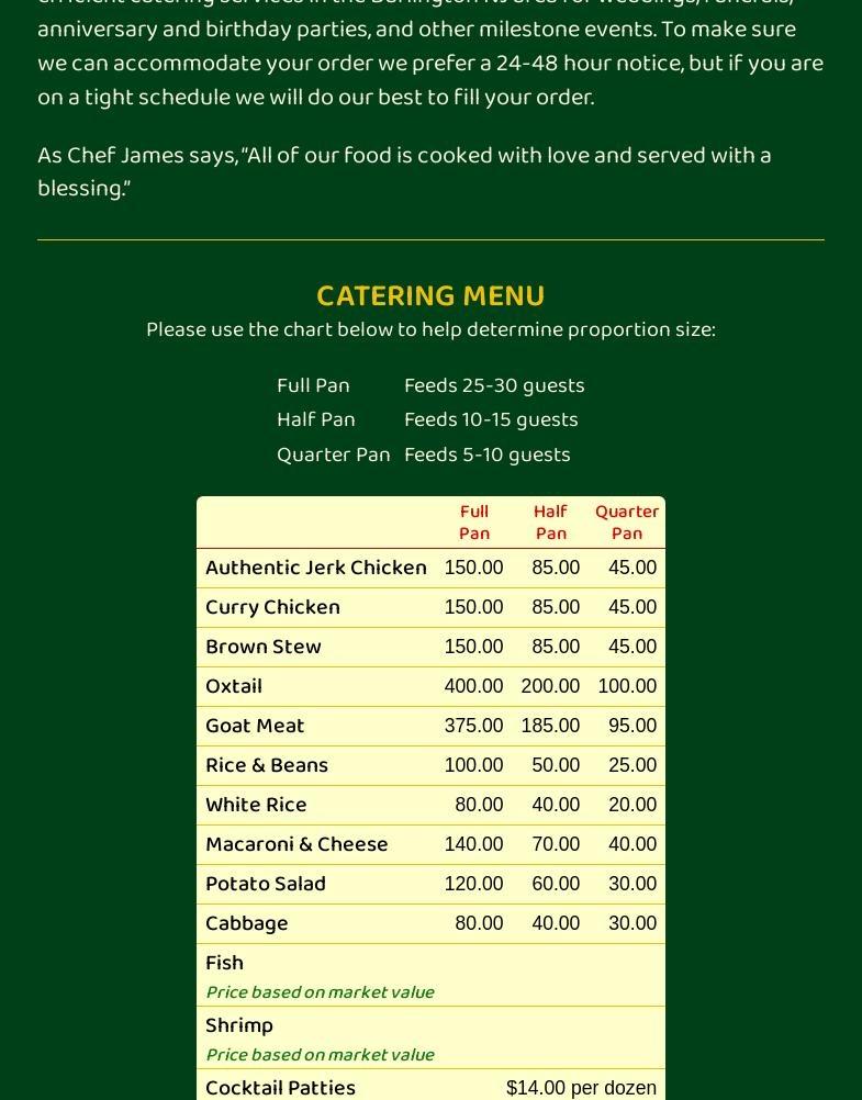 Jamaic’s Caribbean Cuisine Menu
