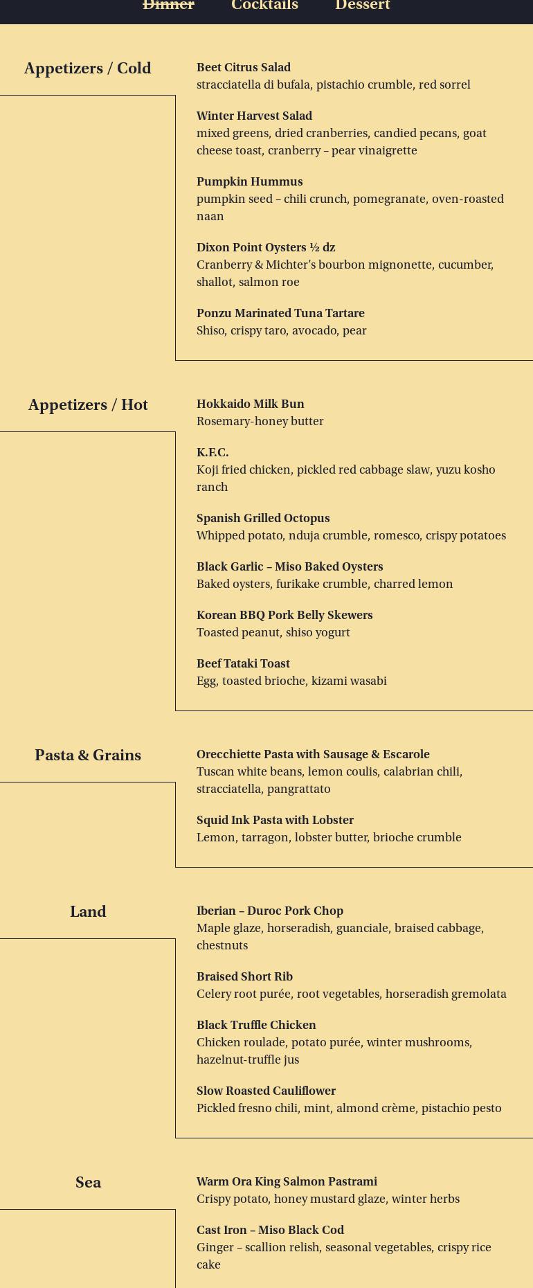 Revell Hall Menu