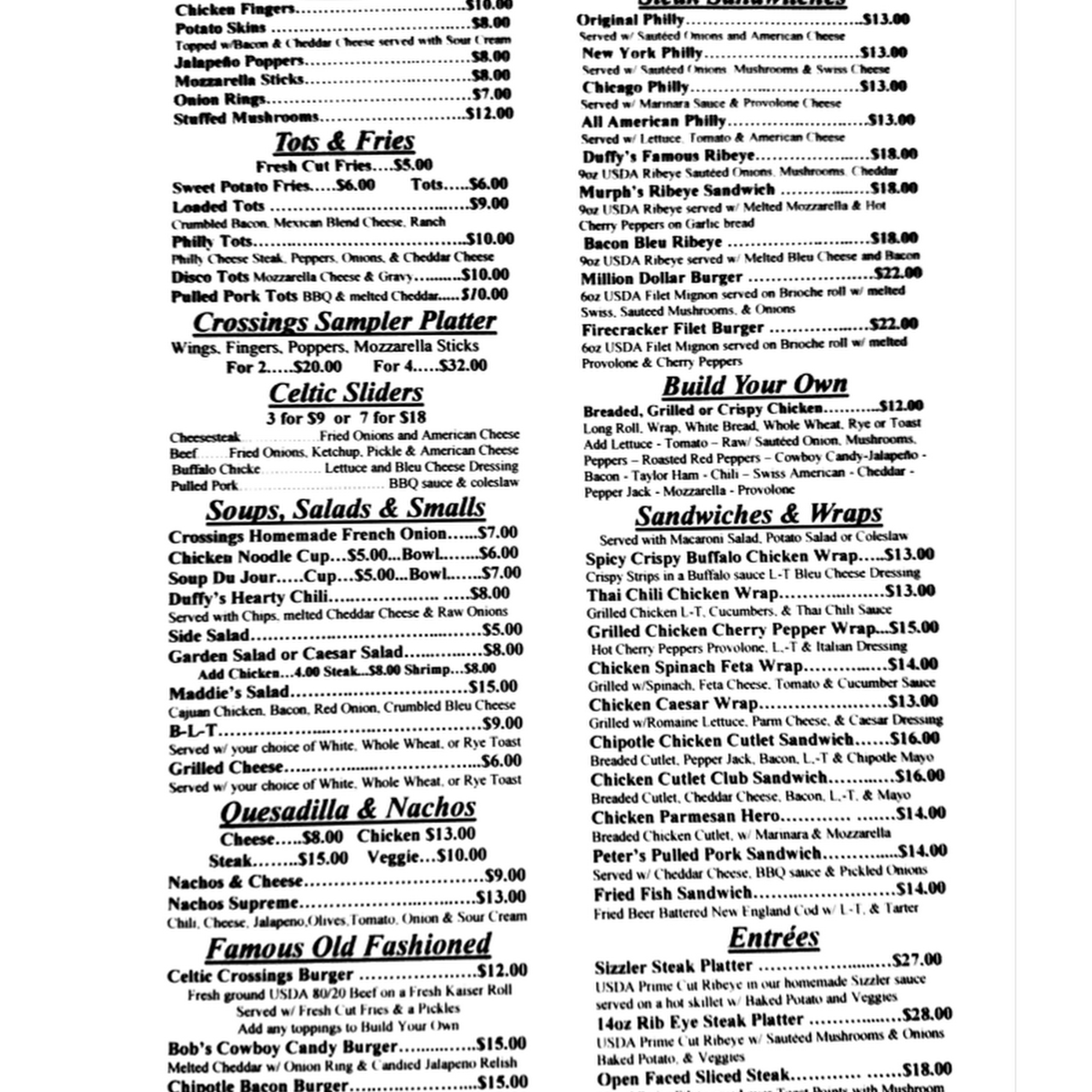 Duffy's Celtic Crossings Menu