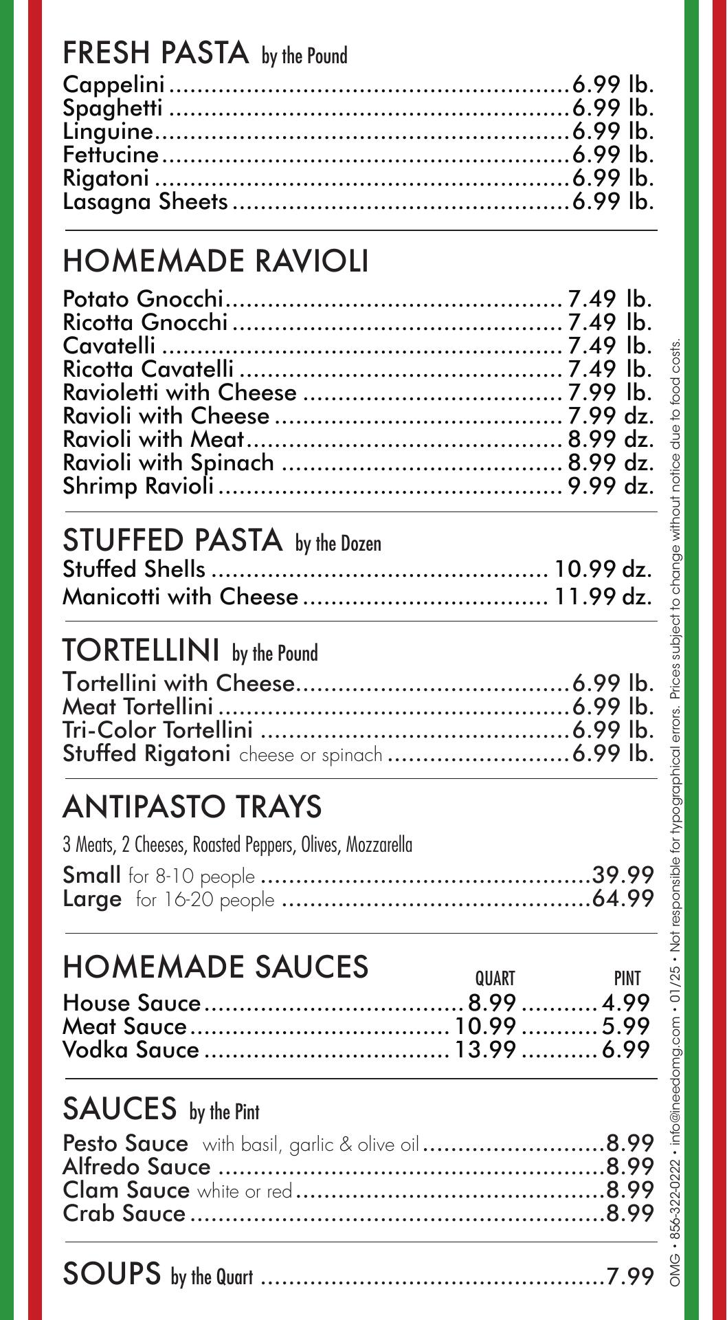 Croce Pasta & Italian Specialties Menu