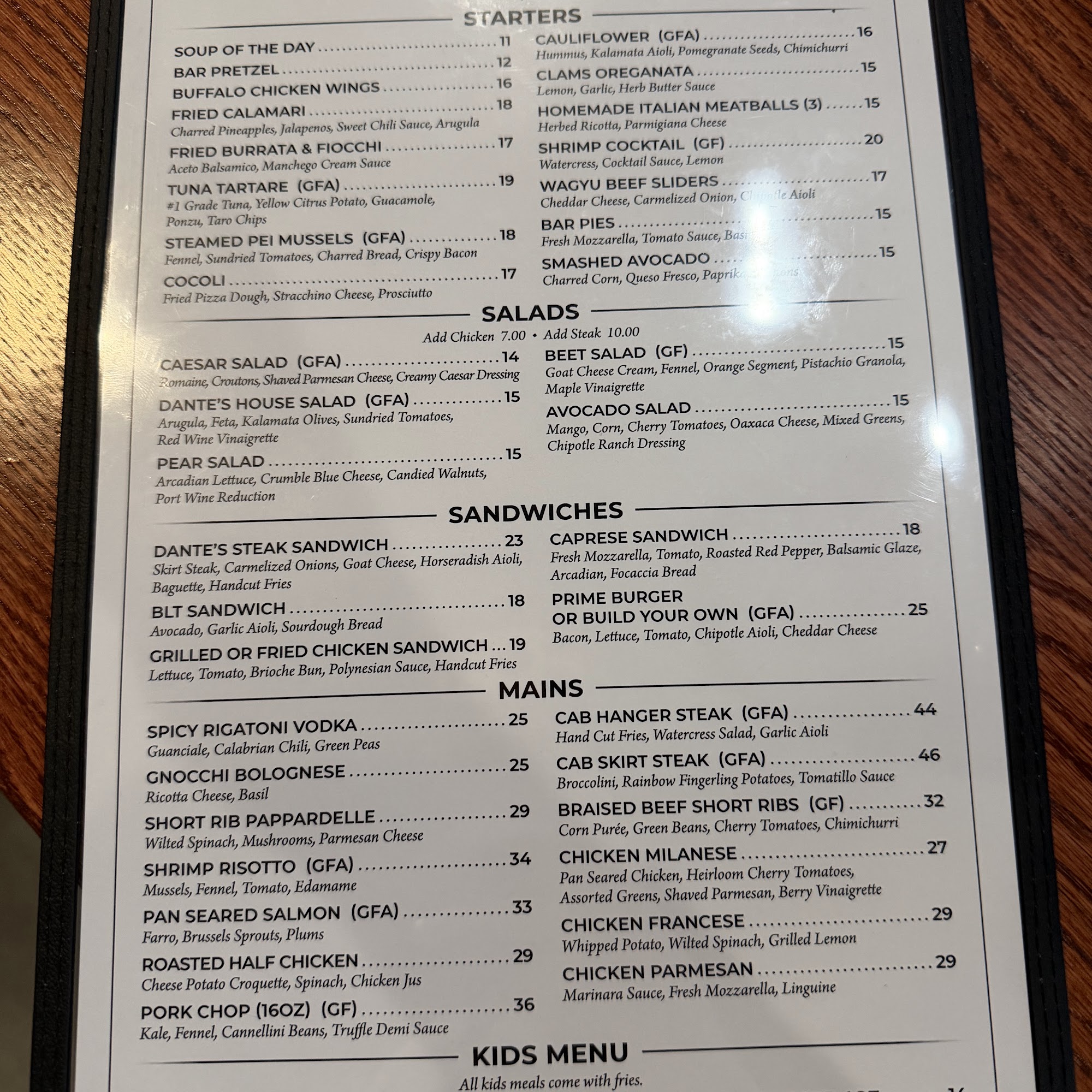 Dante's Restaurant Menu