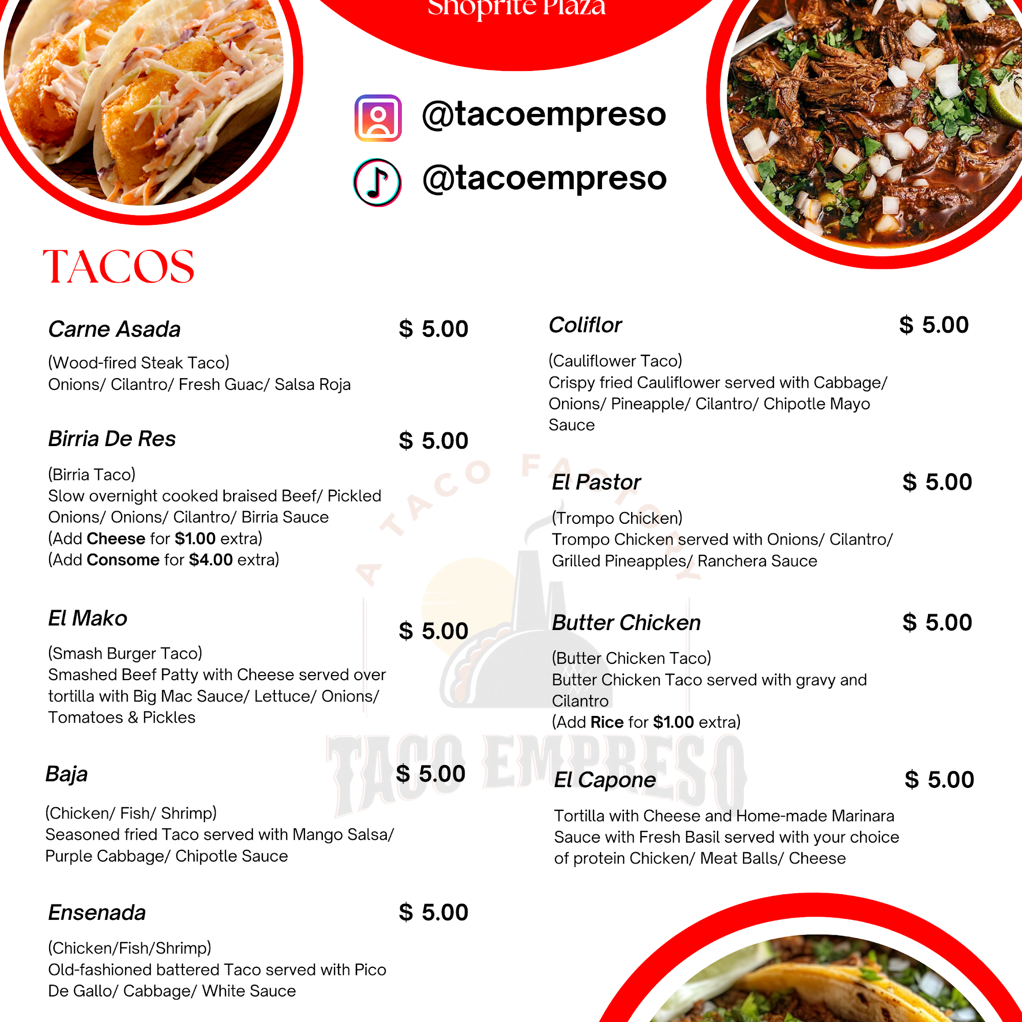 Taco Empreso Menu