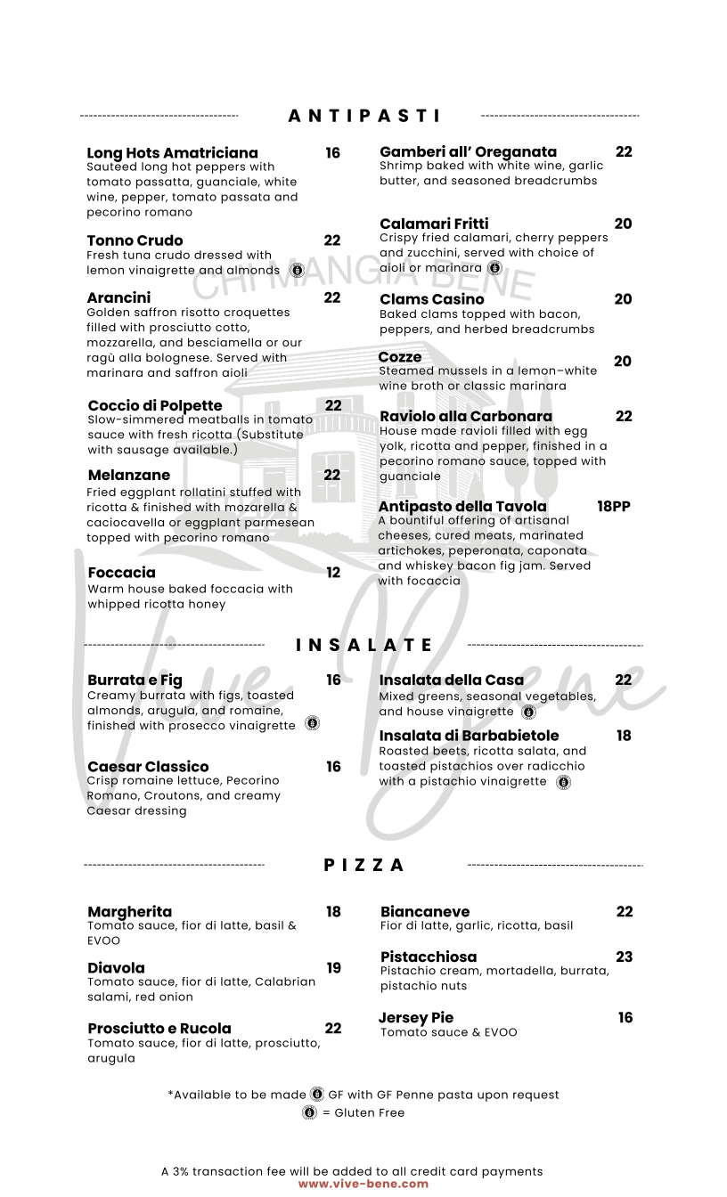 Vive Bene Italian Restaurant Menu