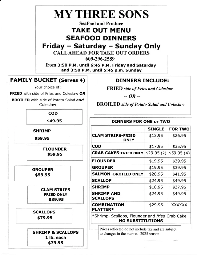 My Three Sons Seafood and Produce Menu