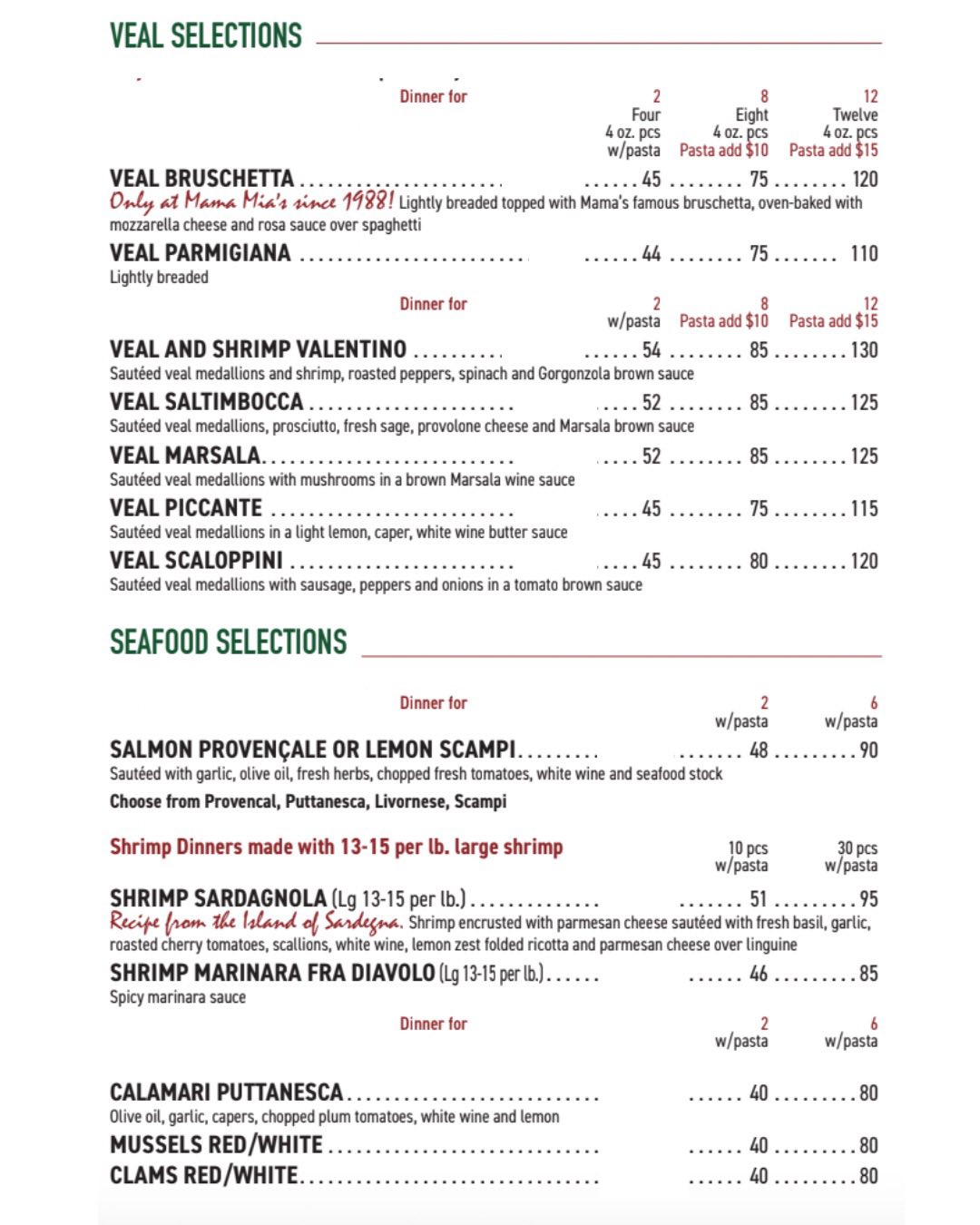 Mama Mia's Ristorante EHT Menu