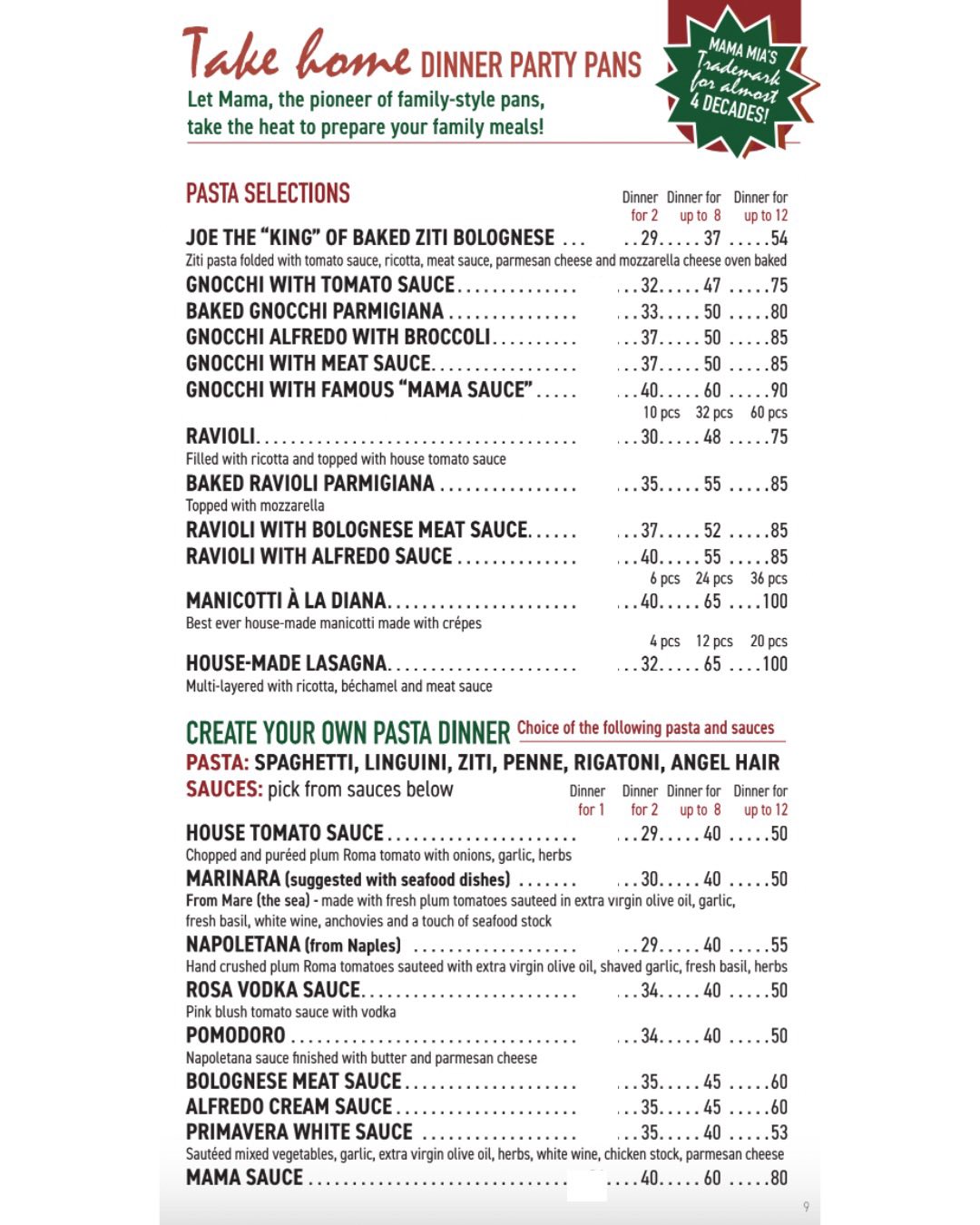 Mama Mia's Ristorante EHT Menu