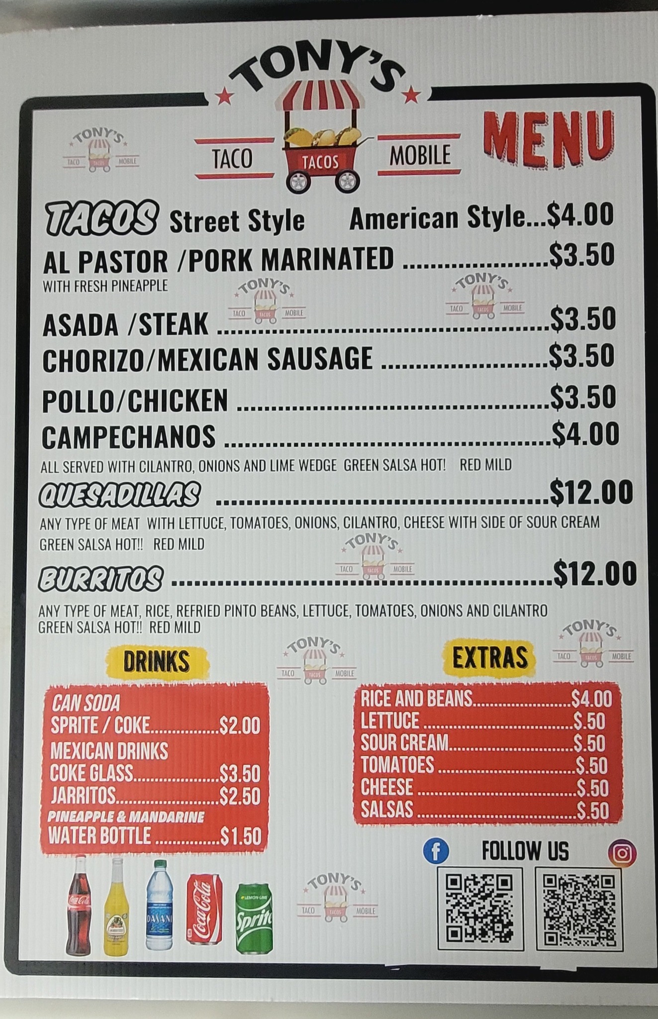 Tony's Mobile Lunch Truck Menu