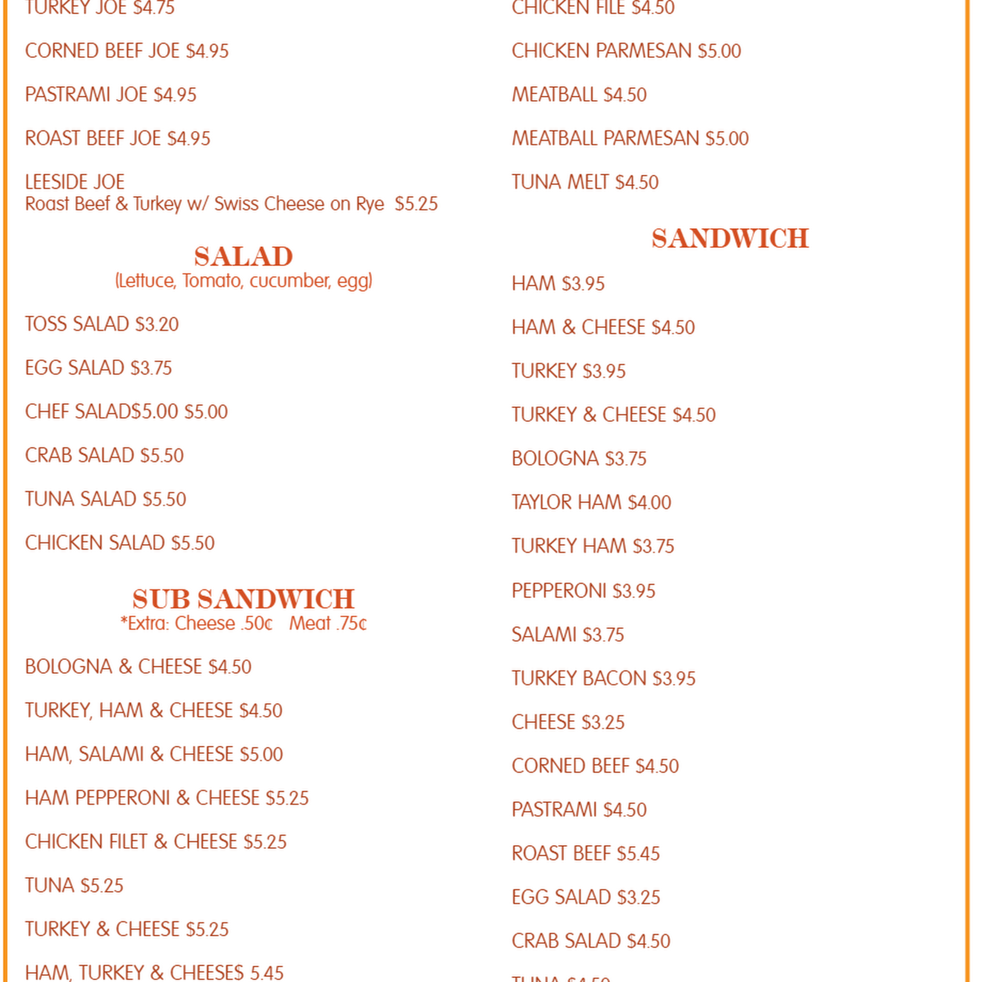 Leeside Deli Menu
