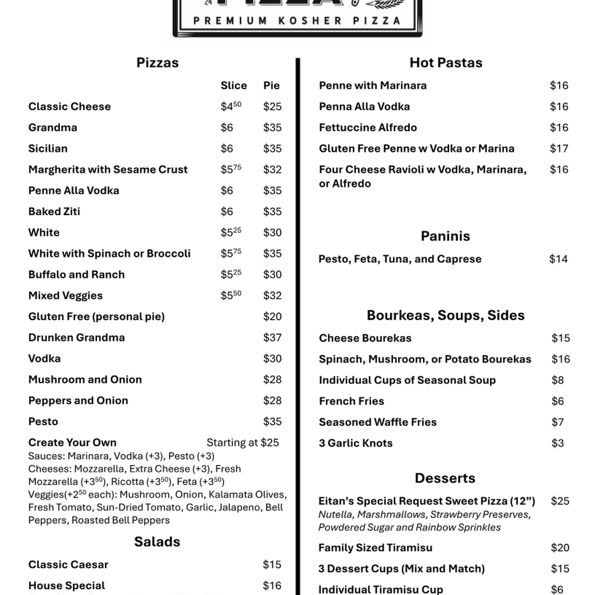 Dana’s Pizza Menu