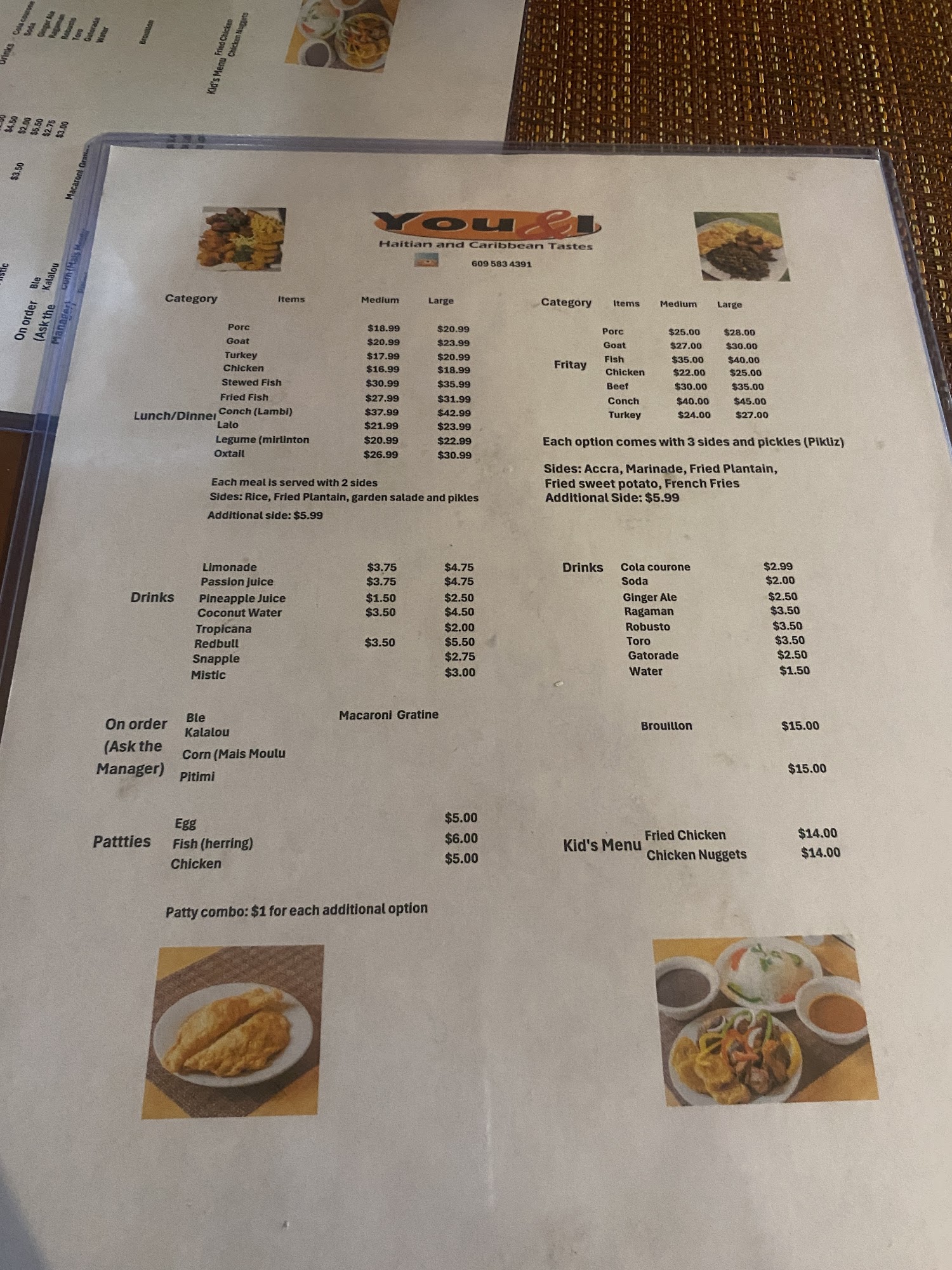 You & I Restaurant and Catering Menu