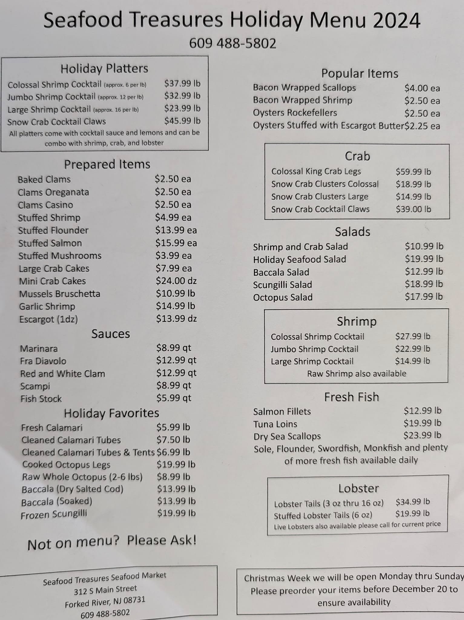 Seafood Treasures Menu