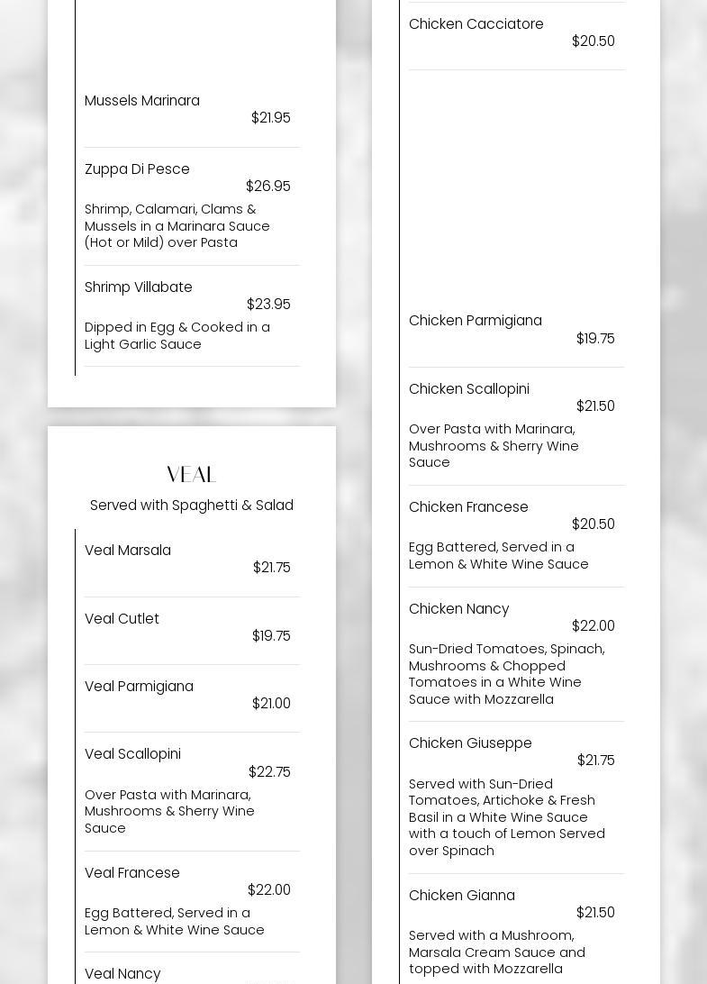 Trevi Italian Restaurant & Pizzeria Menu
