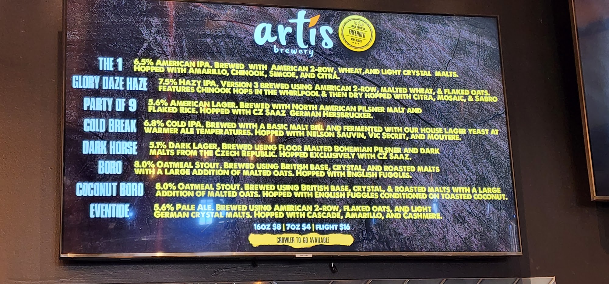 Artis Brewery Menu