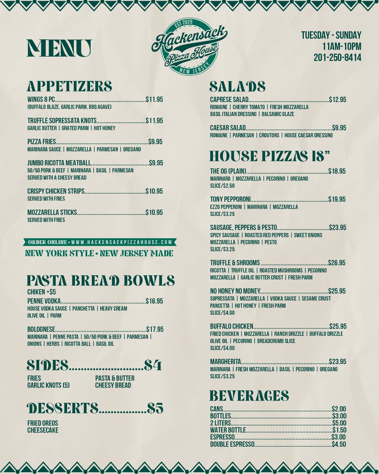 Hackensack Pizza House Menu