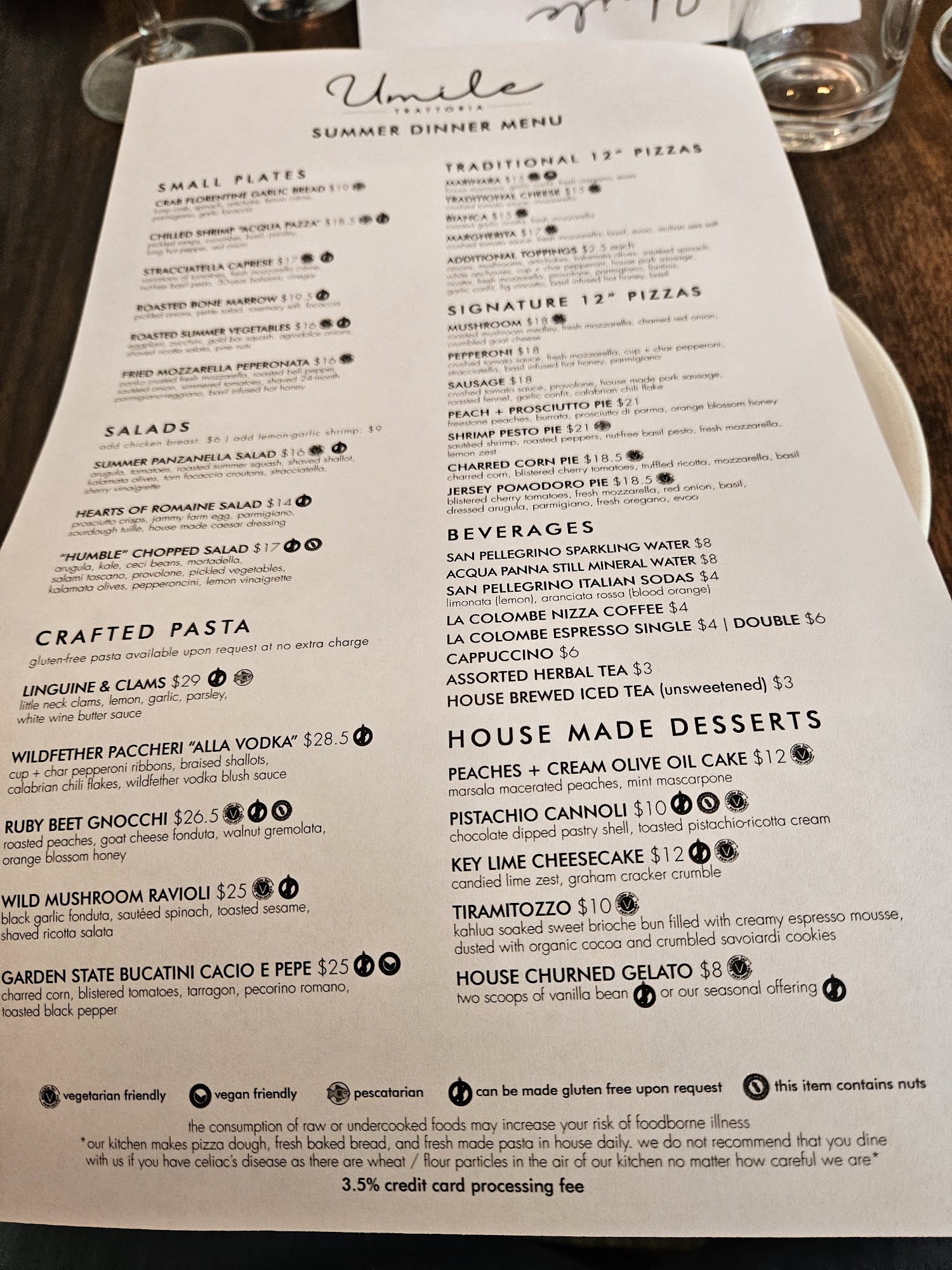 Umile Trattoria Menu