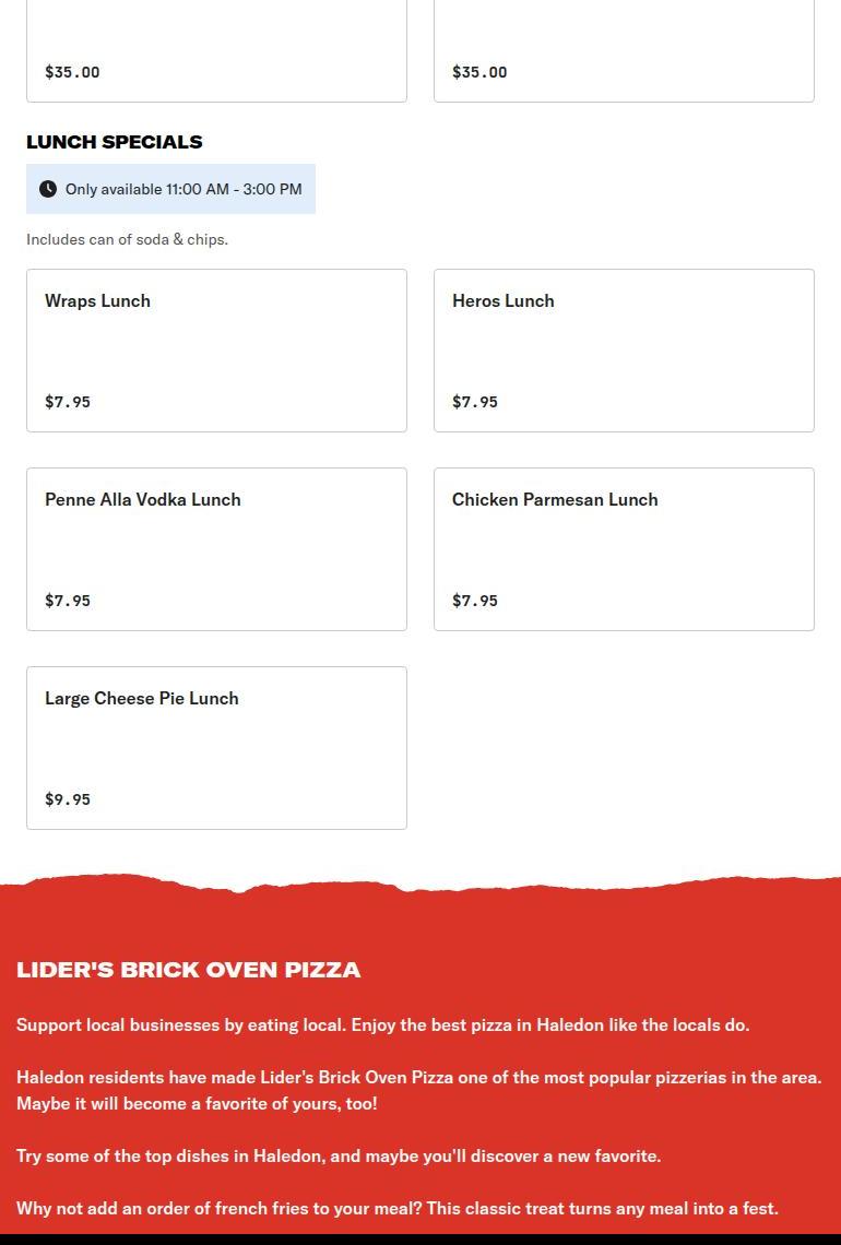 Lider's Brick Oven Pizza Menu