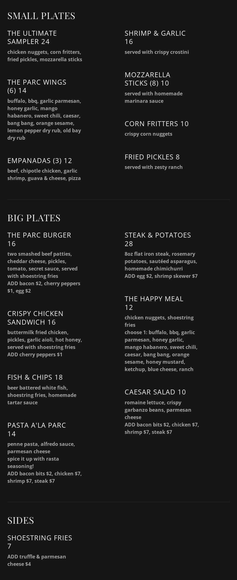 The Parc Tavern Menu