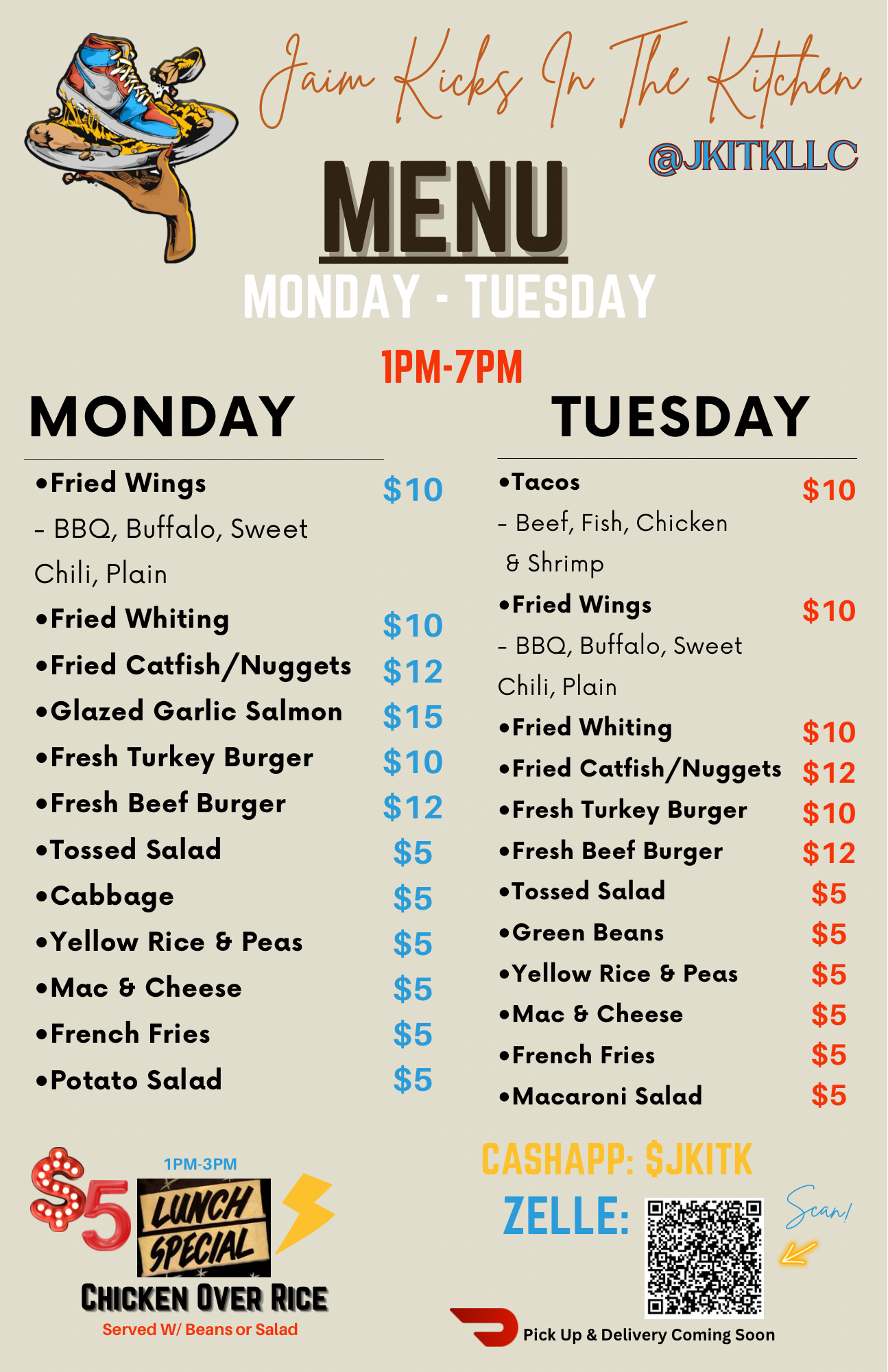 Jaim Kicks in the Kitchen Menu