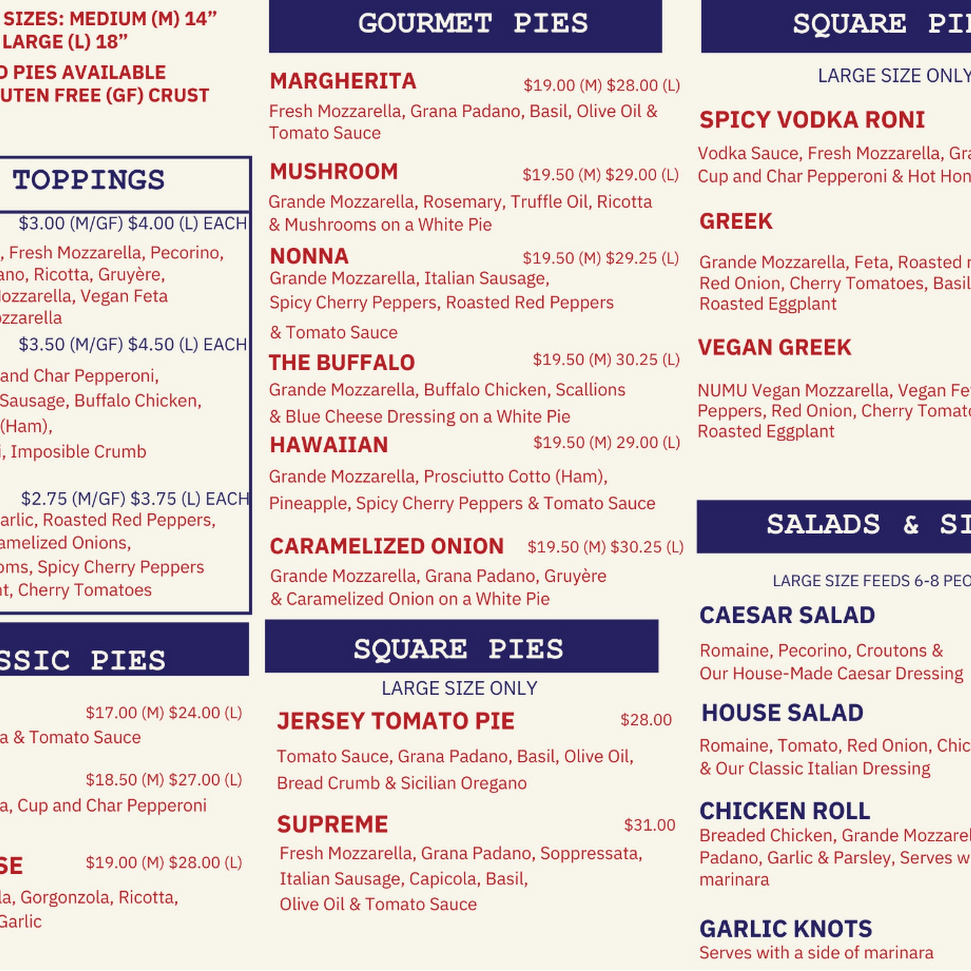 Jersey Pizza Shop Menu