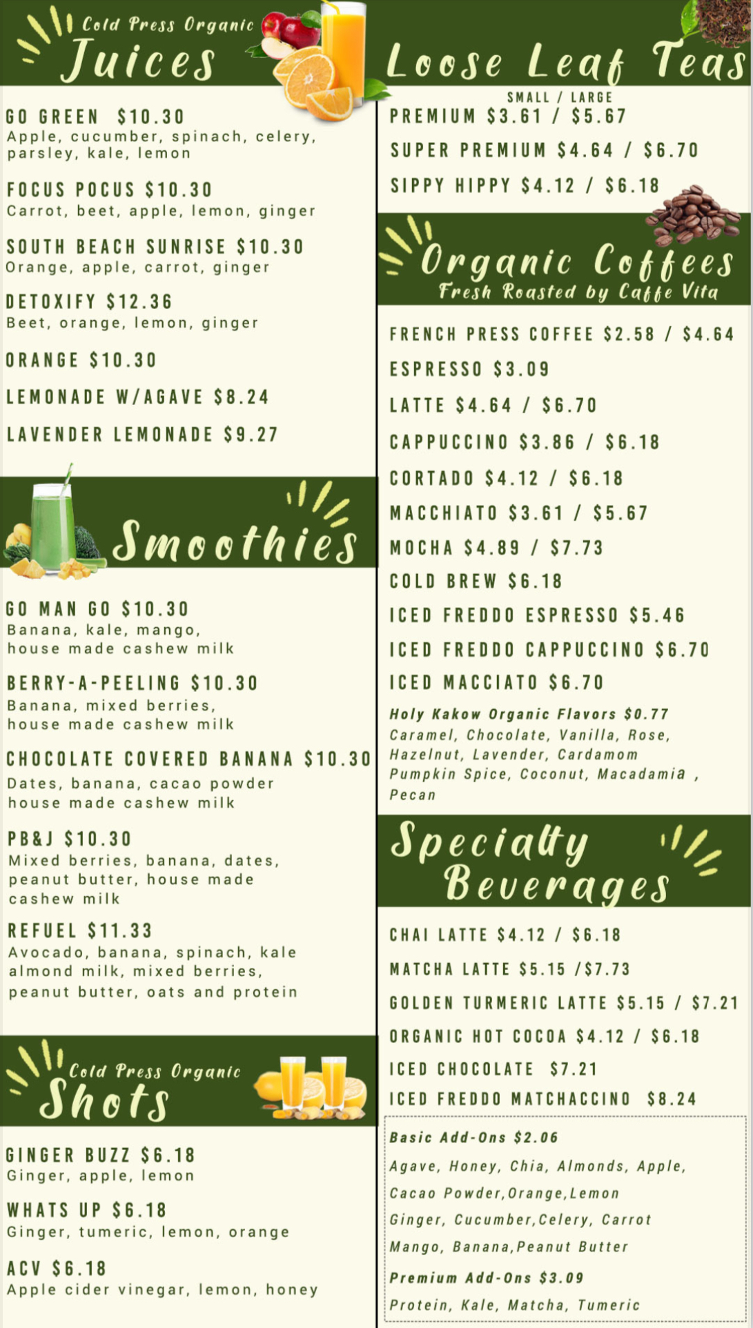 Nectar Juice + Coffee + Tea Bar Menu