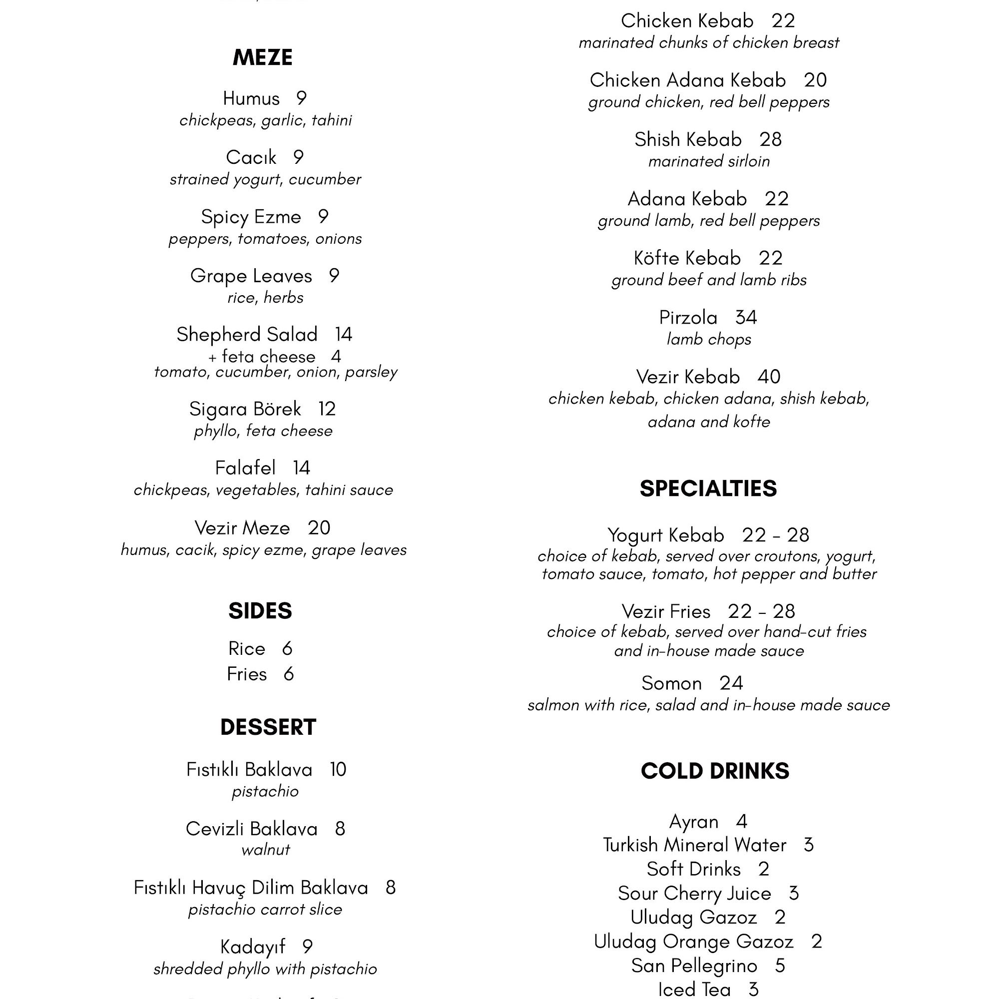 Vezir Menu