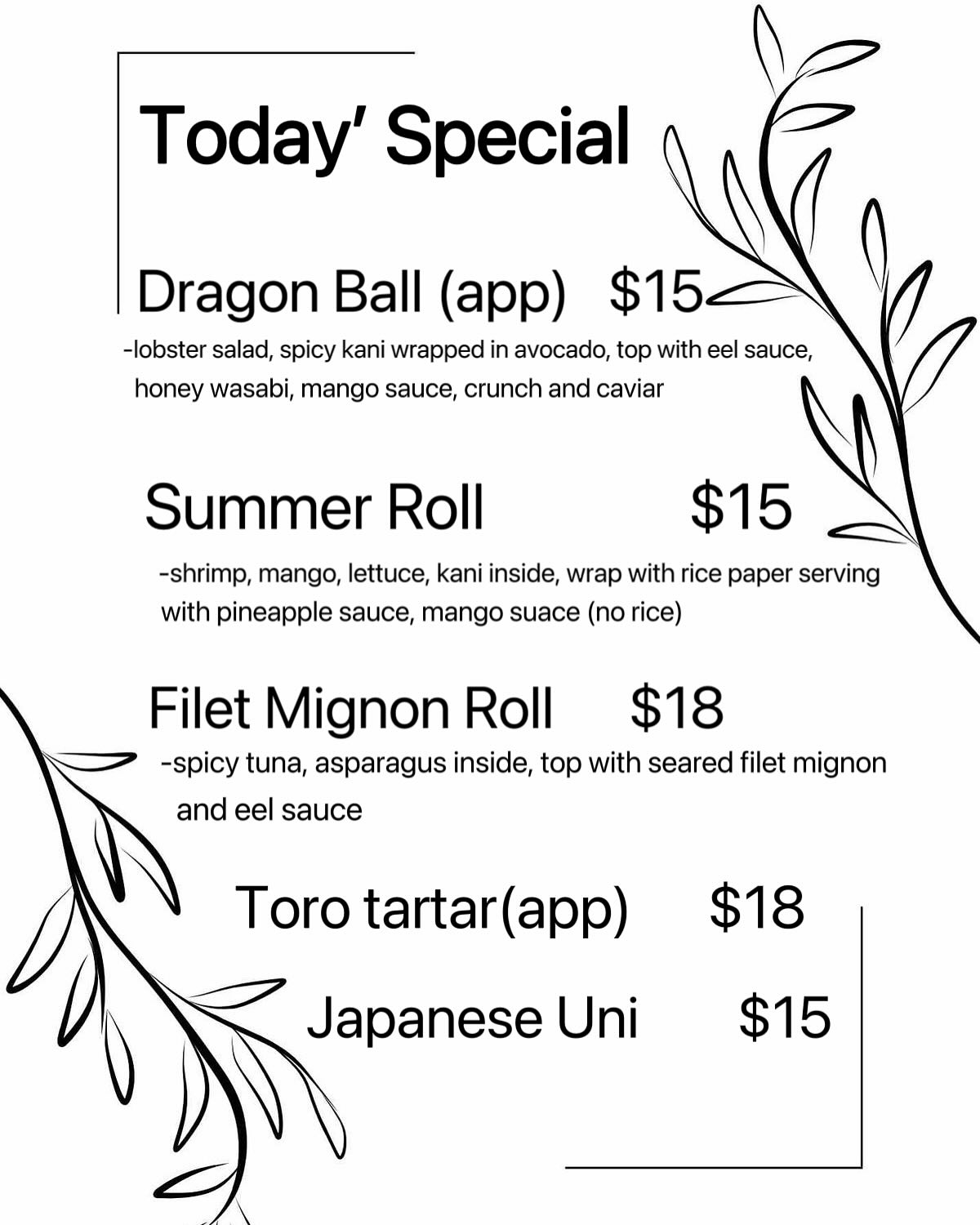 Nikko sushi Menu