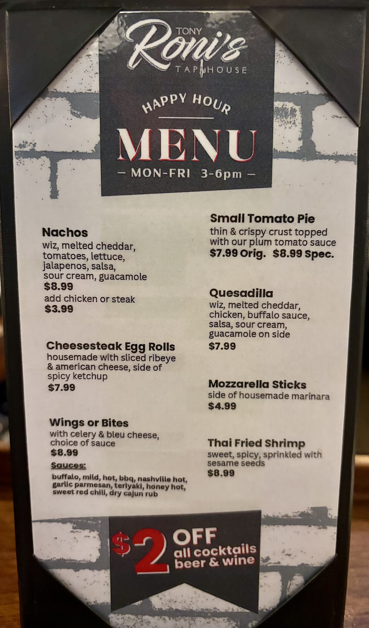 Tony Roni's Tap House Menu