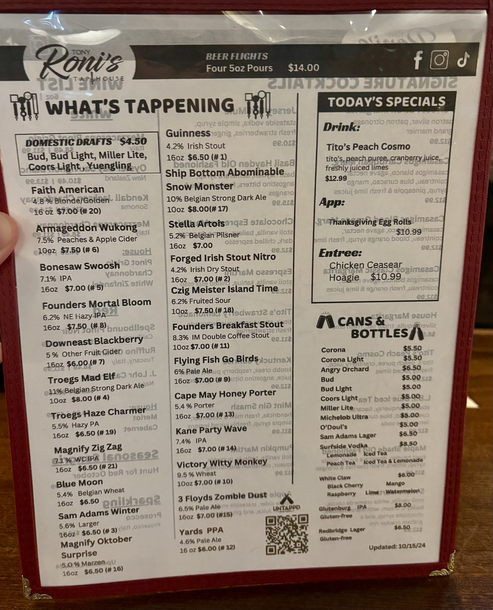 Tony Roni's Tap House Menu