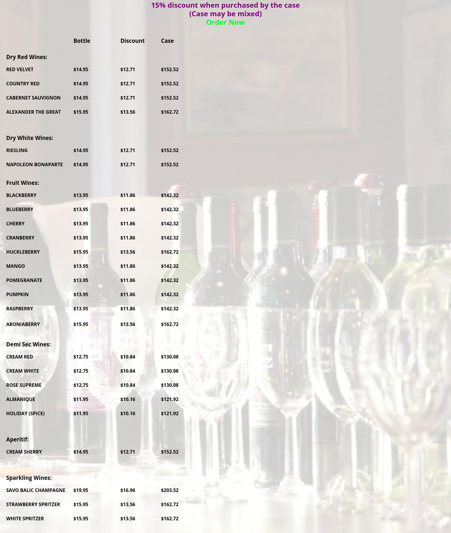 Balic Winery Menu