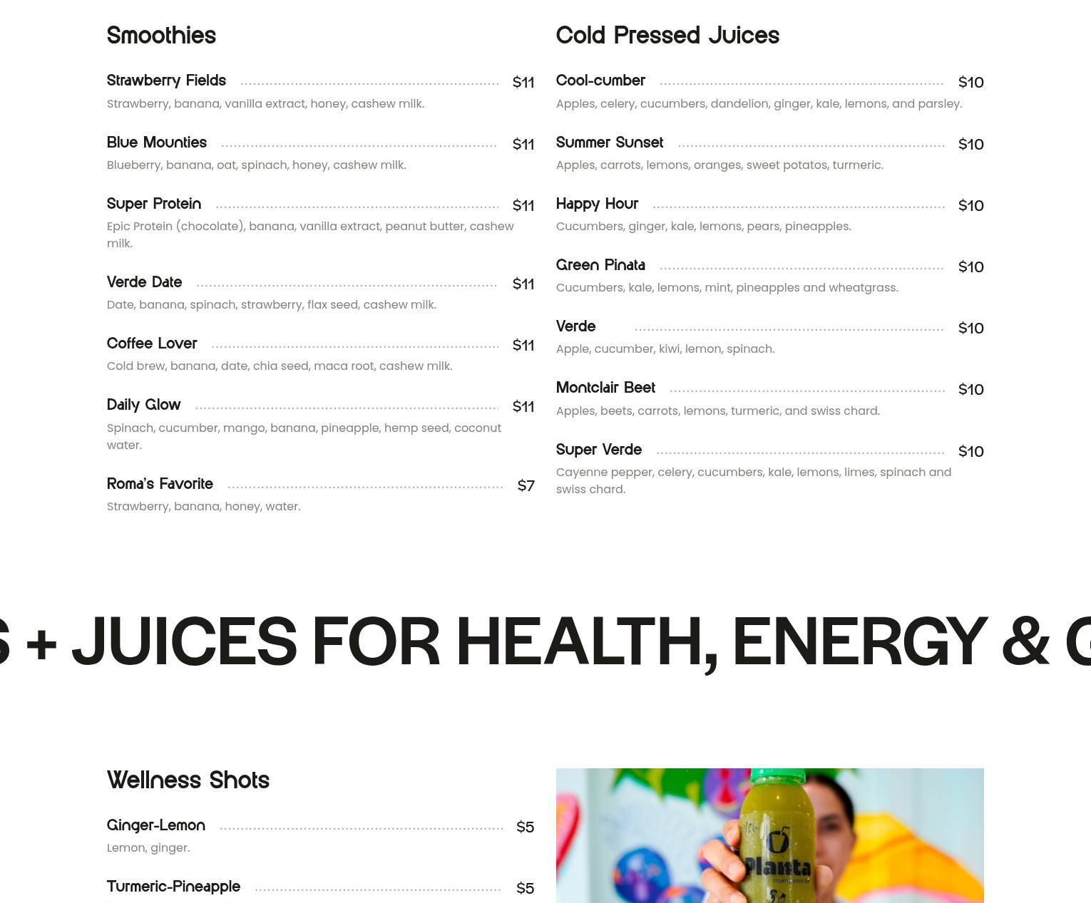 Planta Organic Juice Bar Menu