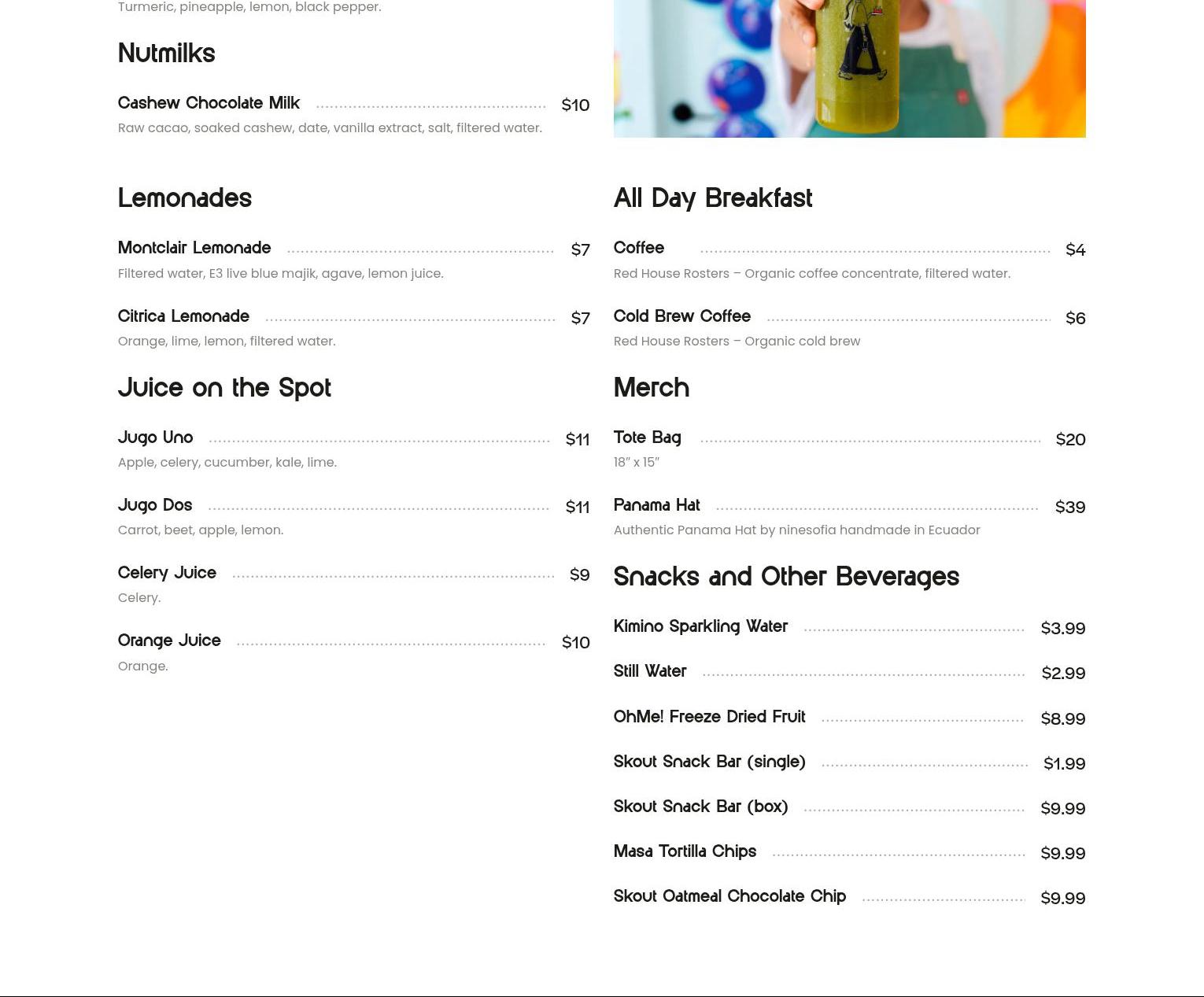 Planta Organic Juice Bar Menu