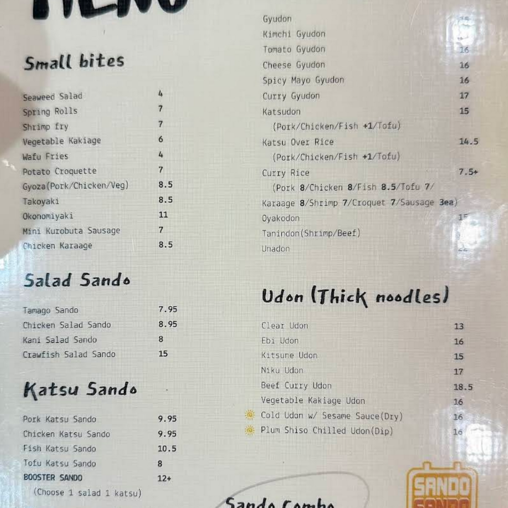 Sando Cafe Menu