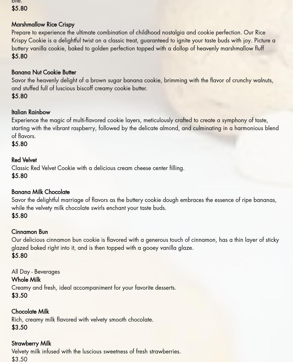 Milk N Cookies Menu
