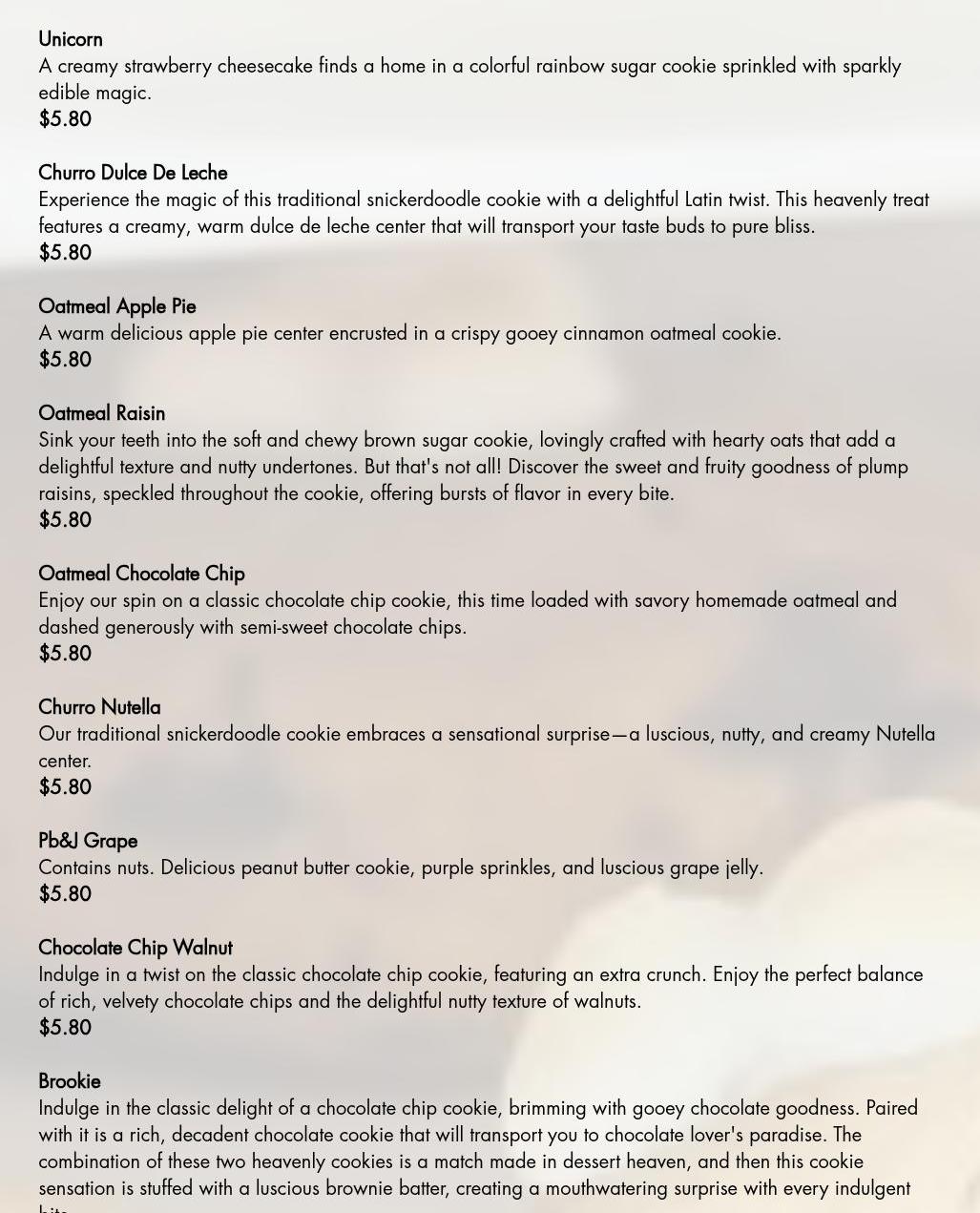 Milk N Cookies Menu