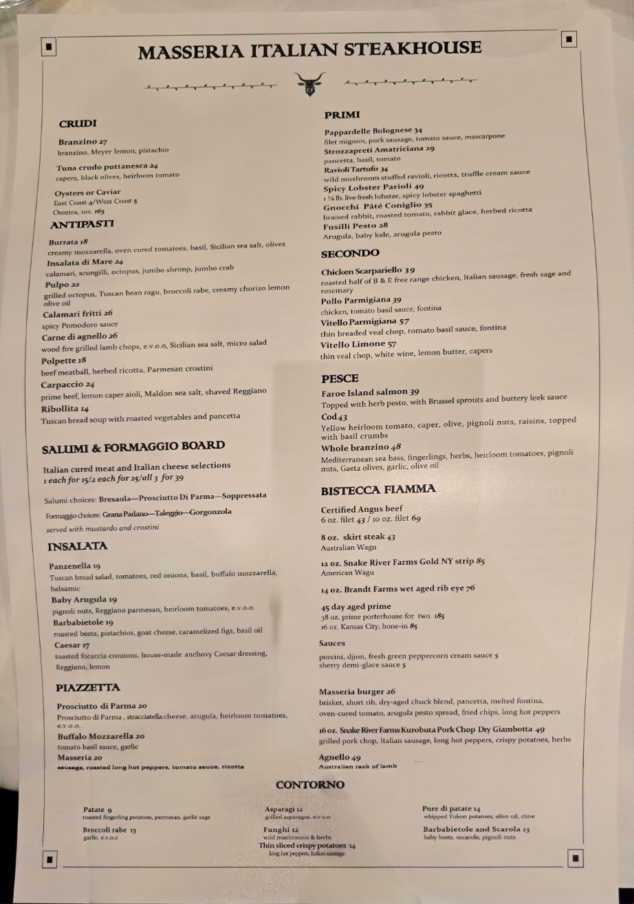 Masseria Italian Steakhouse Menu