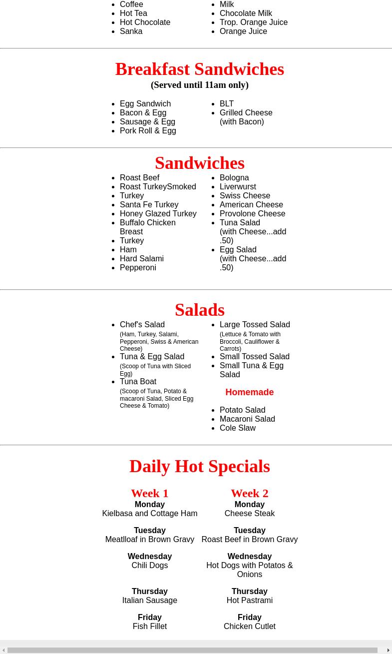 Huryk's Deli Menu