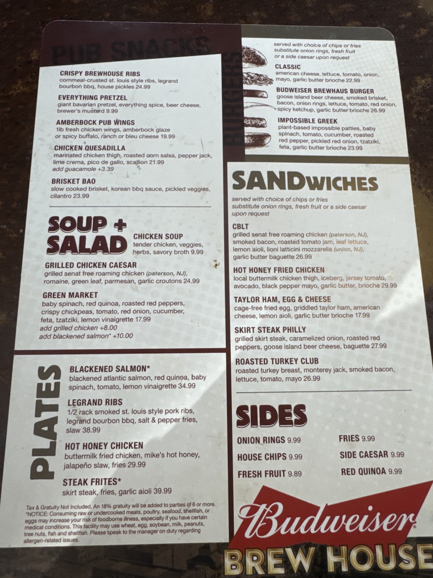 Budweiser Brew House Menu