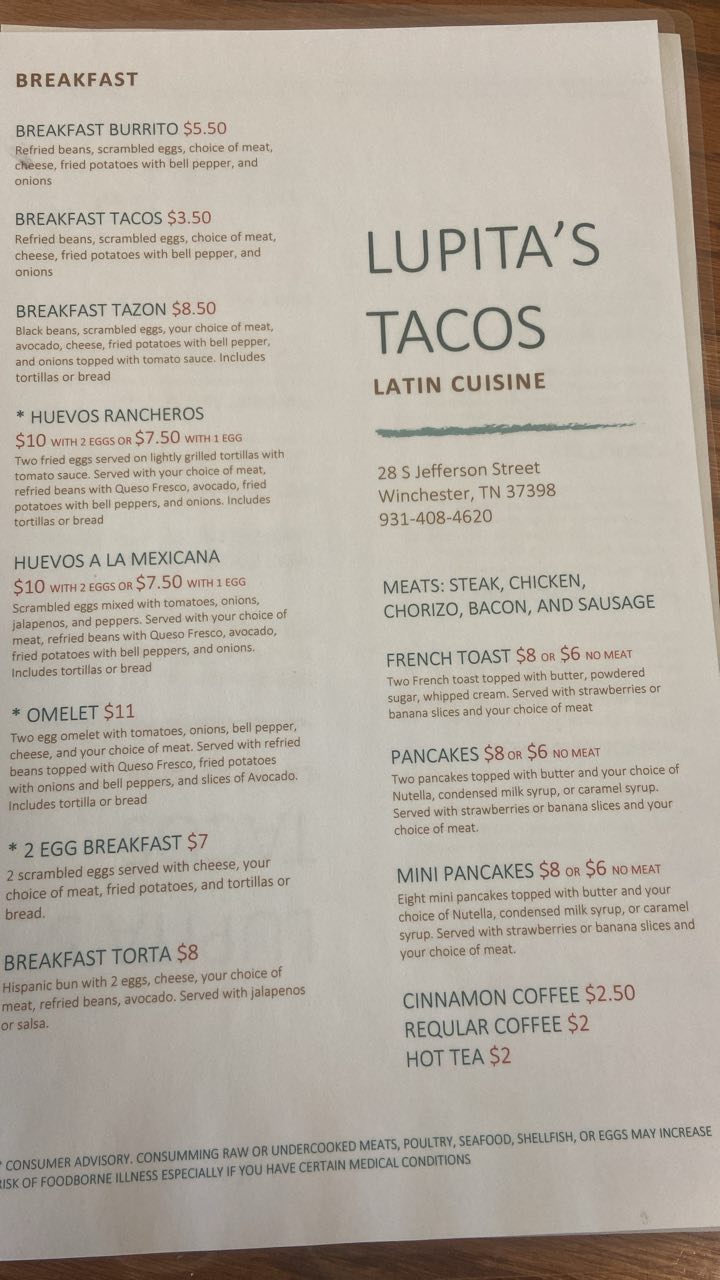 Taqueria Lupita del Tepeyac Menu