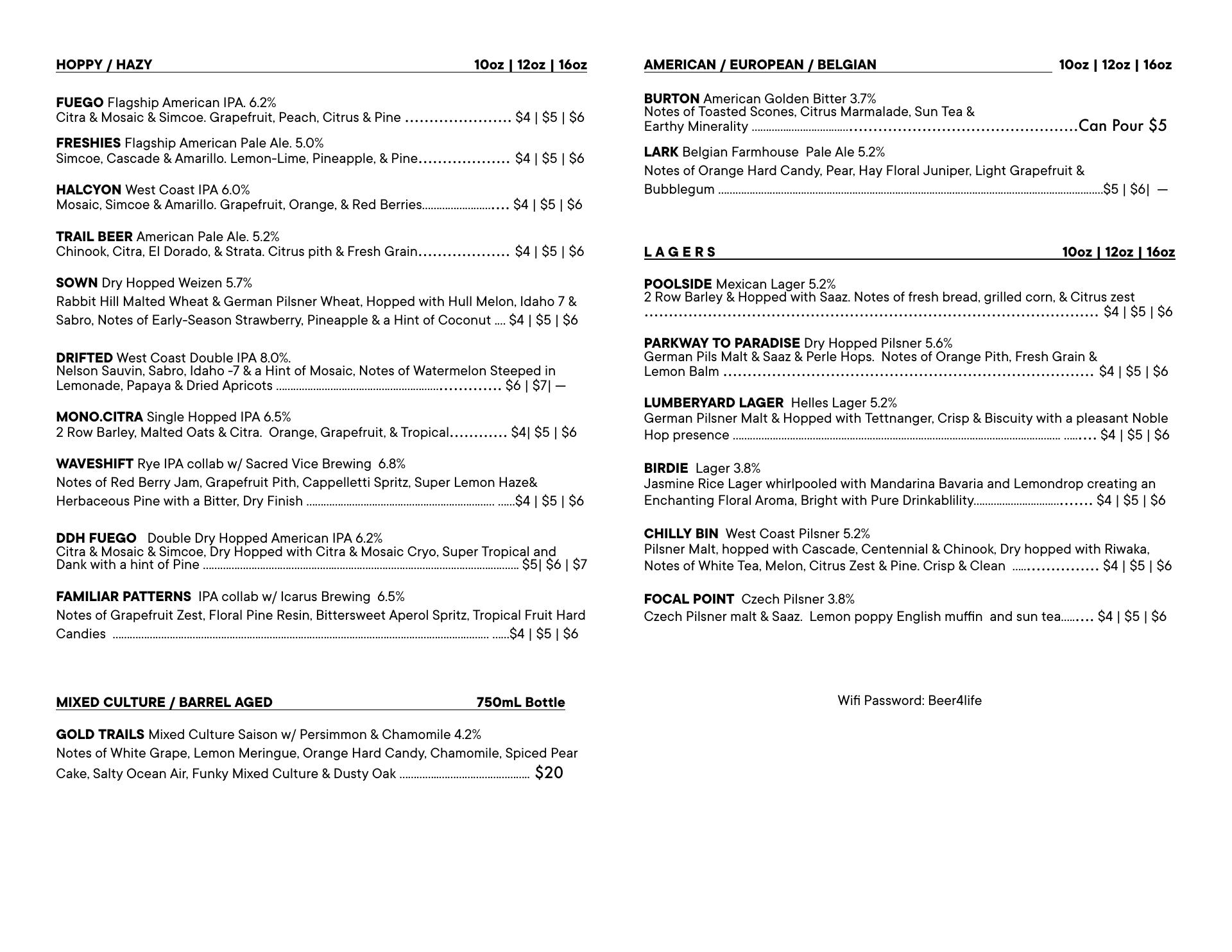 Tonewood Brewing - Oaklyn Menu