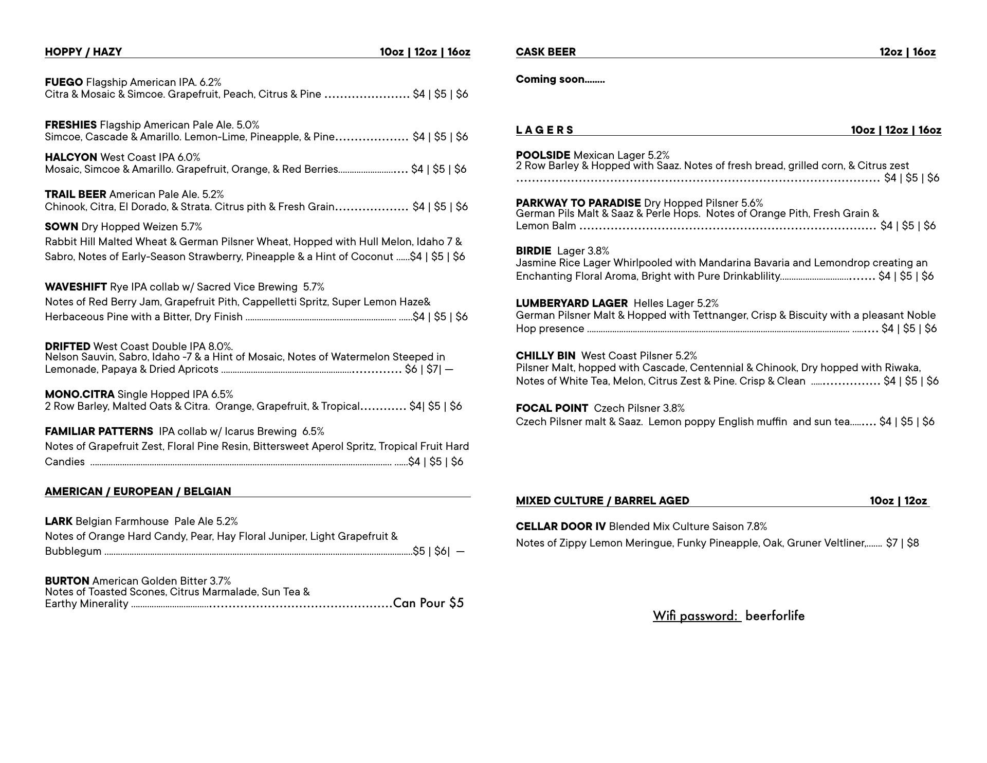 Tonewood Brewing - Oaklyn Menu