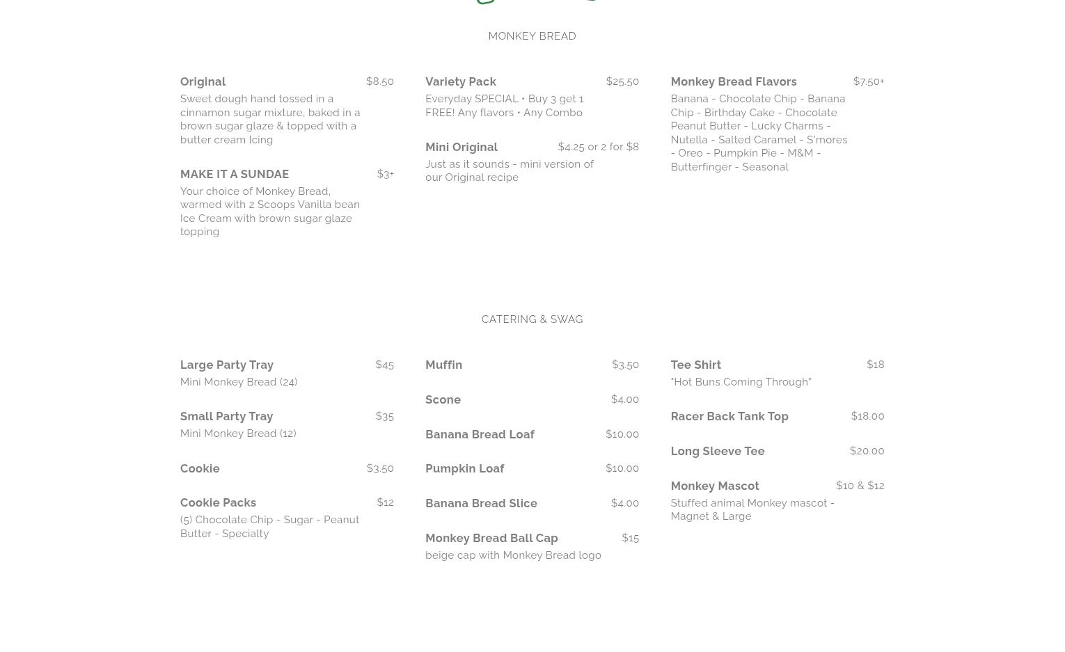 Monkey Bread Menu