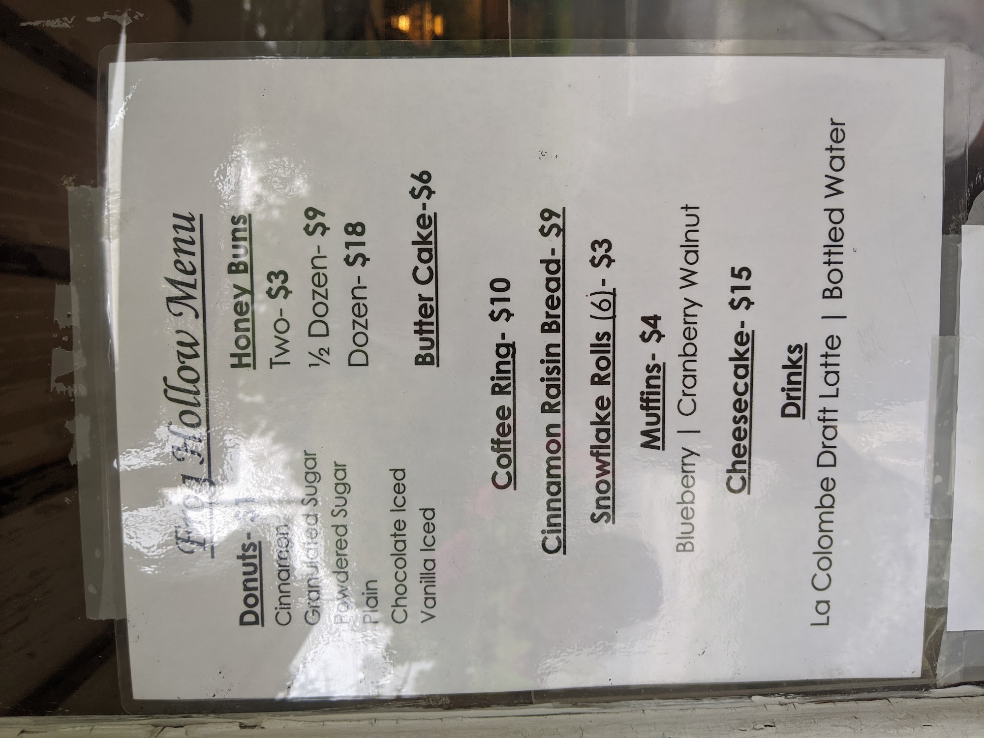 Frog Hollow Bakery Menu