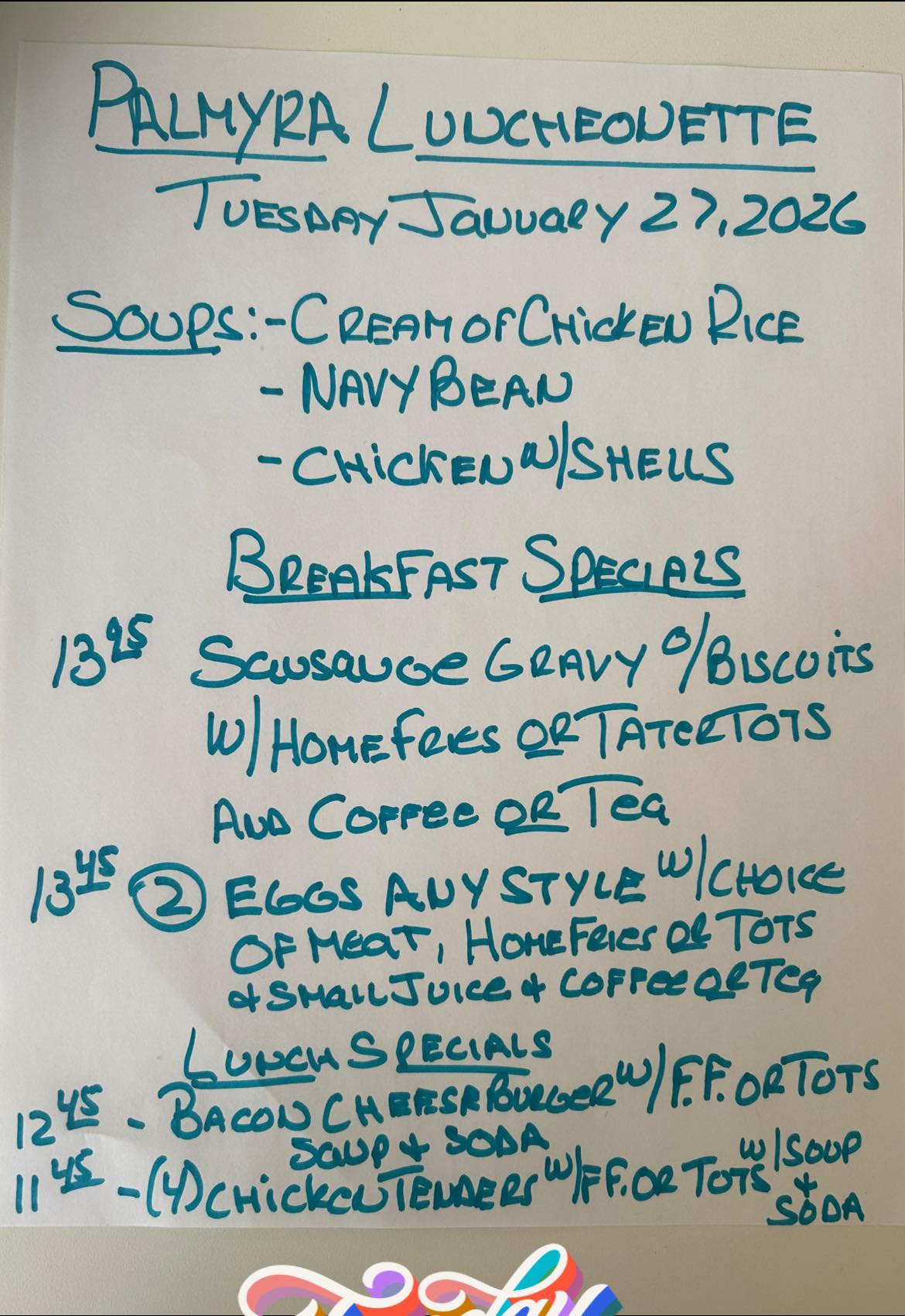 Palmyra Luncheonette Menu