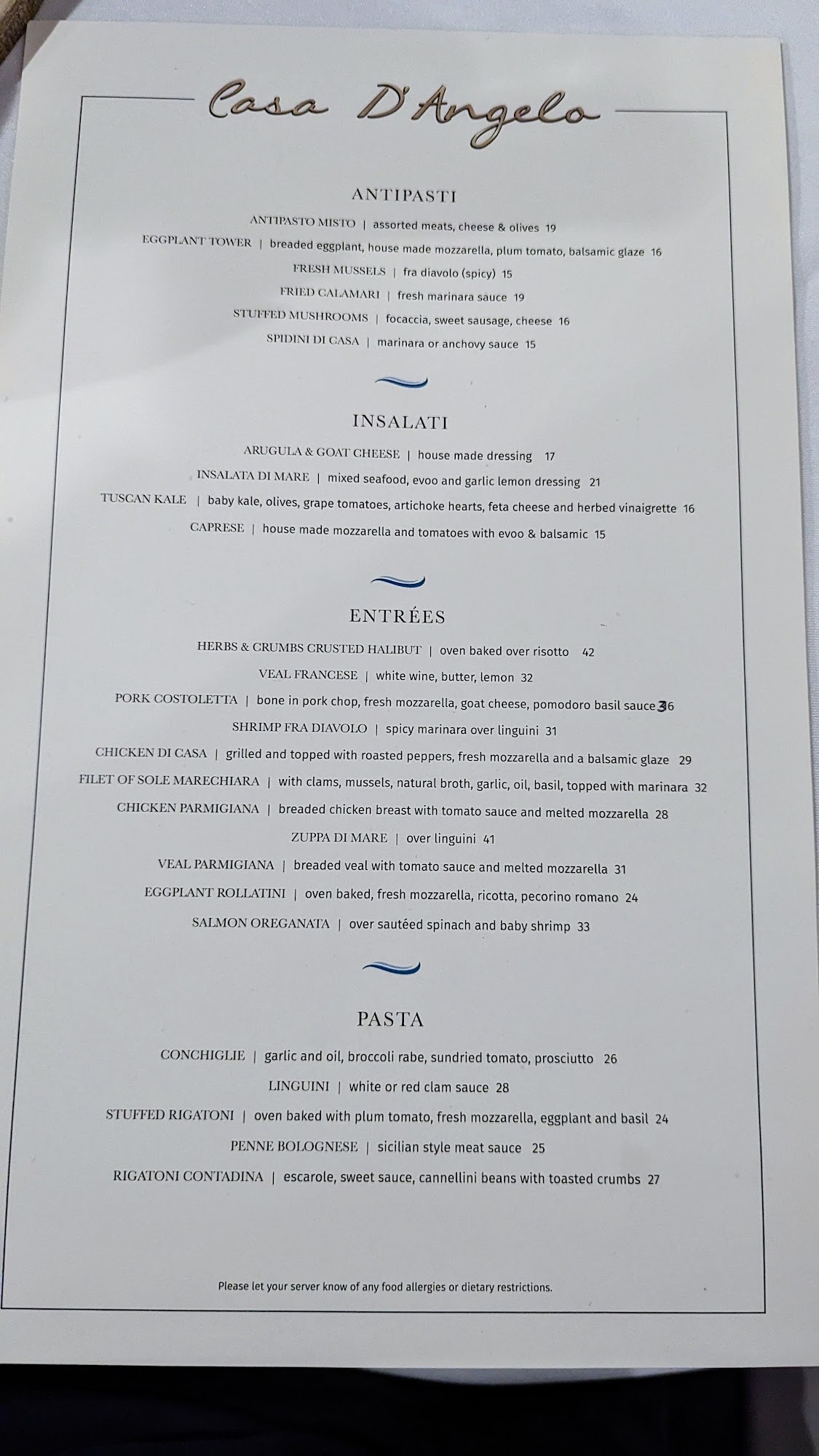 Casa D'Angelo Menu