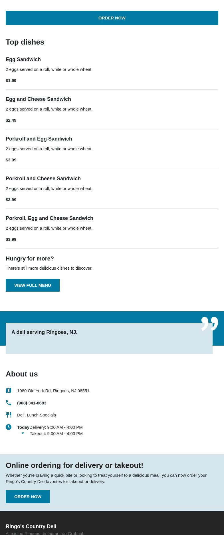 Ringoes Country Deli Menu