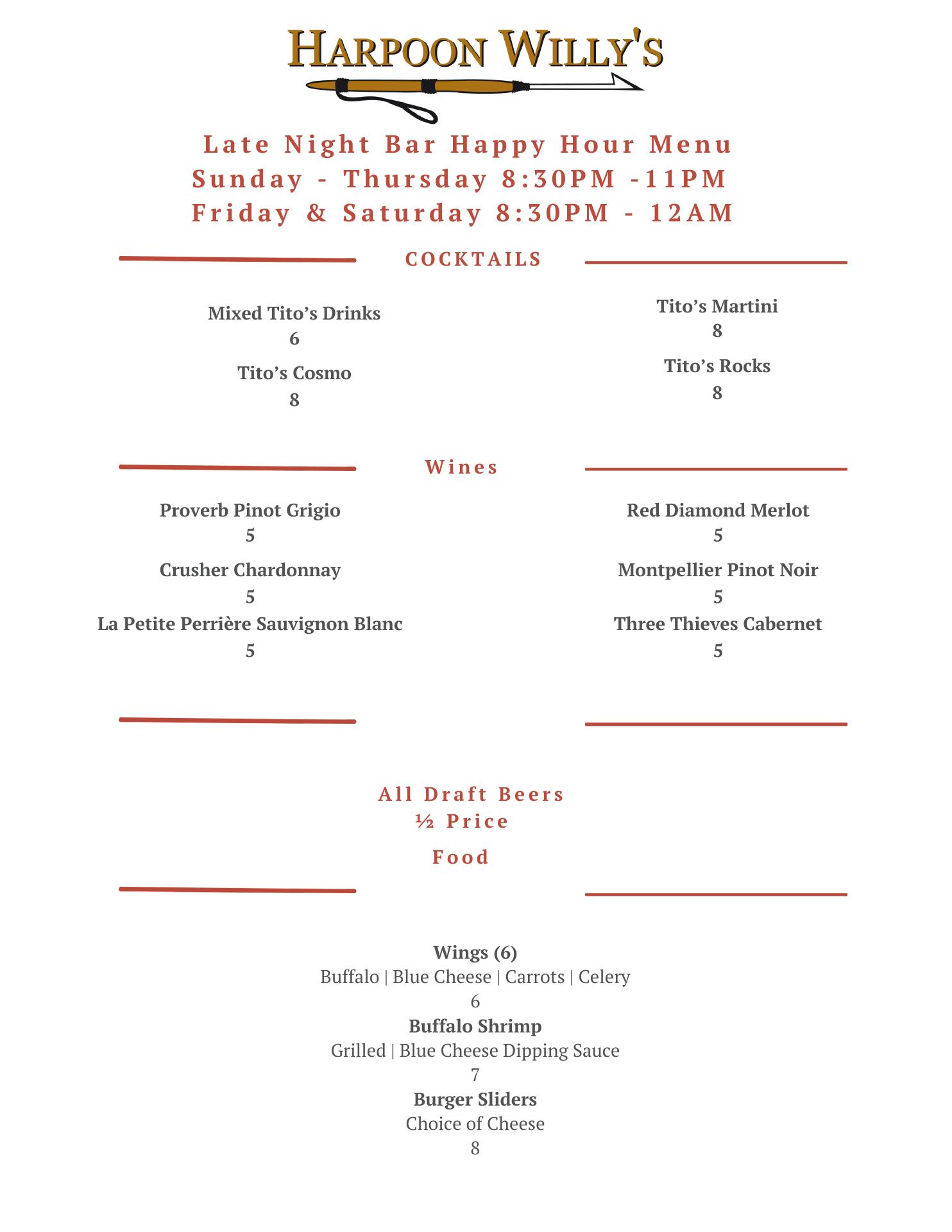 Harpoon Willy's Menu
