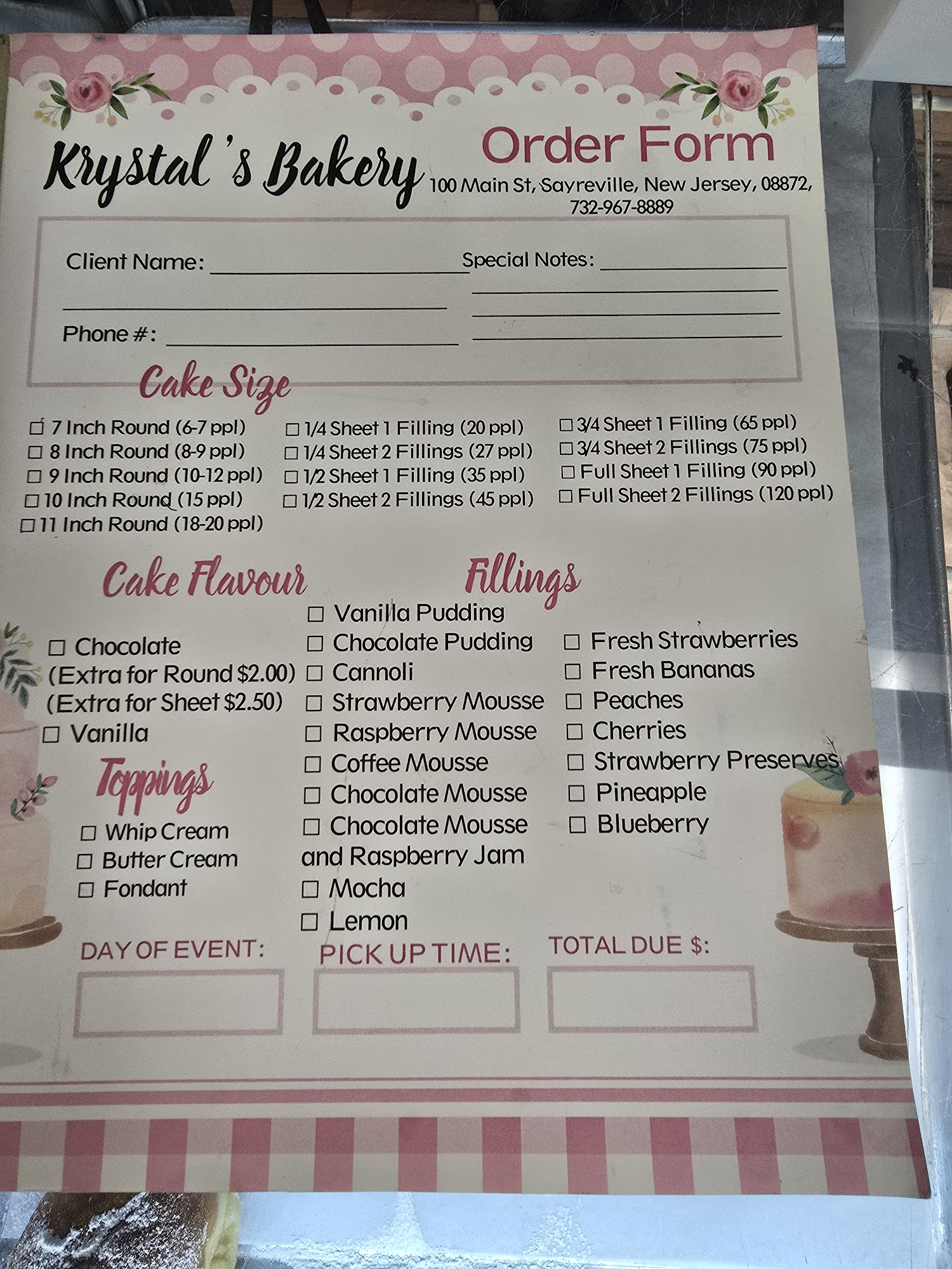 Krystal Bakery Menu
