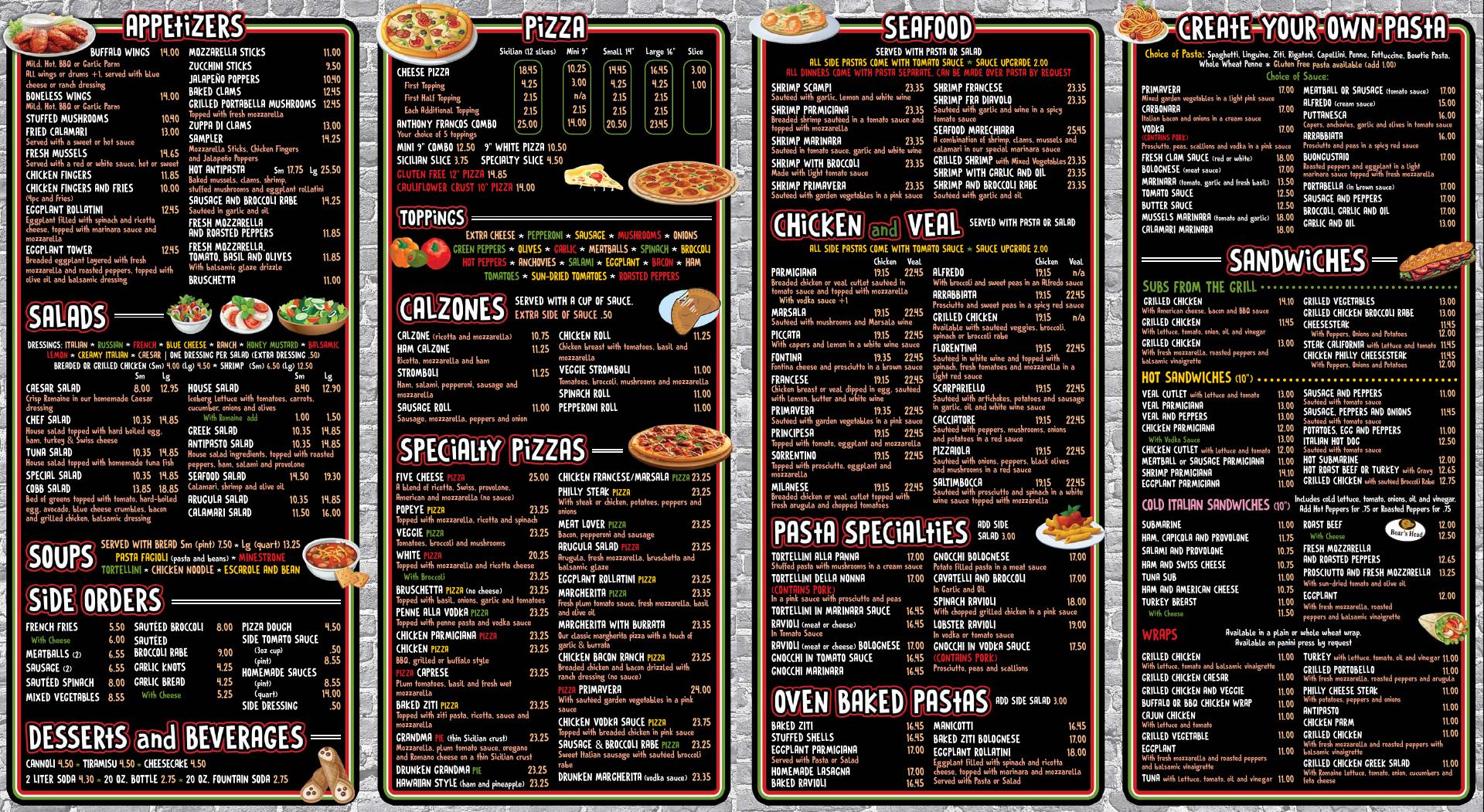 Anthony Francos Pizza - Springfield Menu