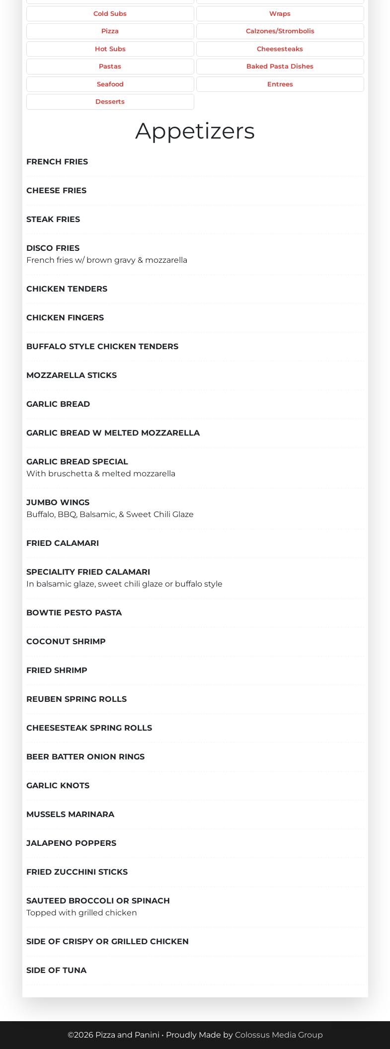Pizza & Panini Menu