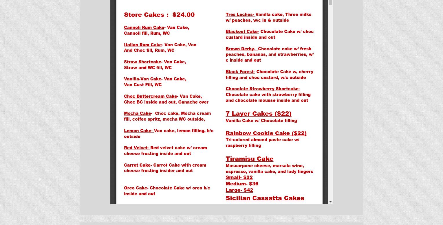 La Scala Italian Pastry Shop and Bakery Menu